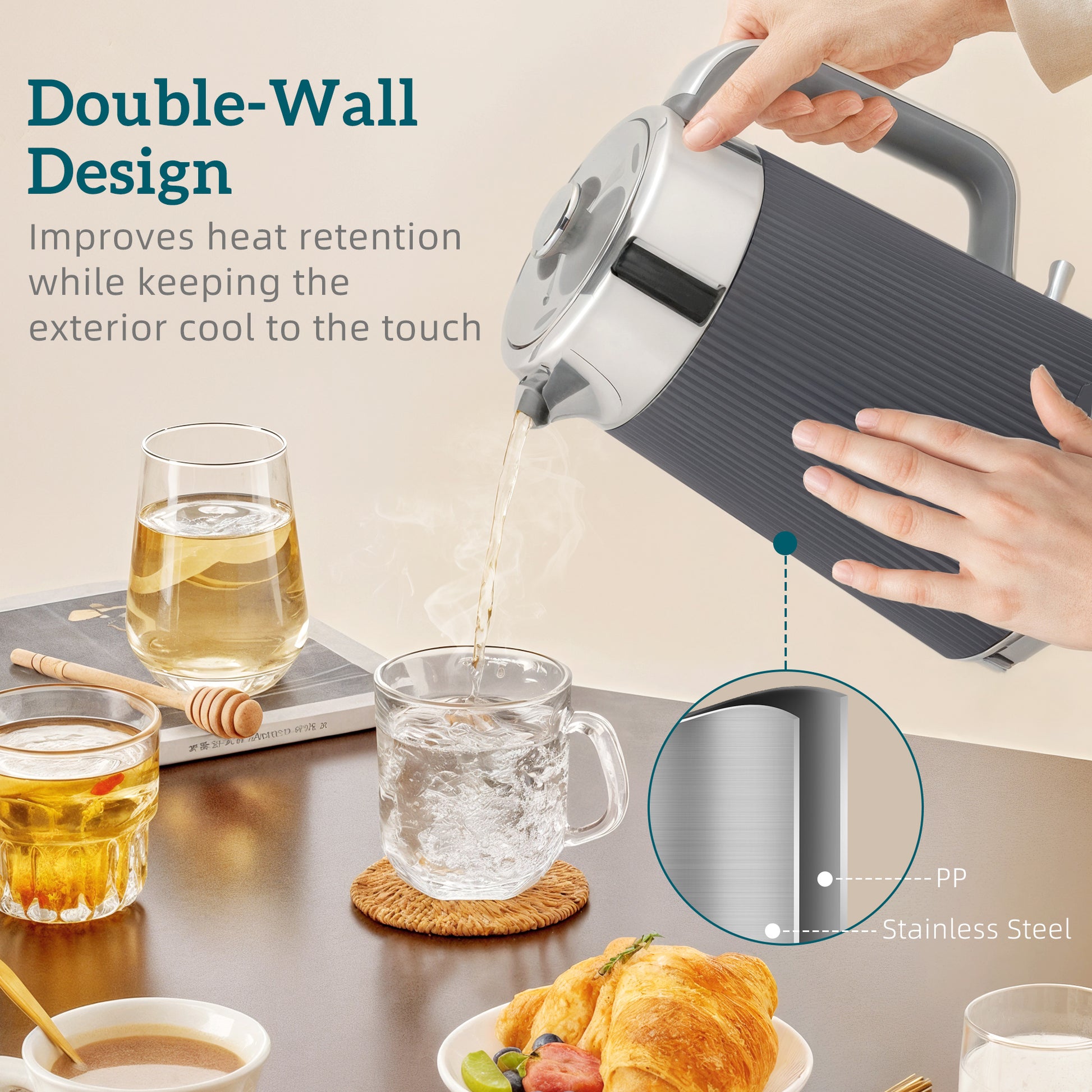 HOMCOM Electric Stainless Steel Kettle and Toaster Set, 3000W 1.7L UK Strix Thermostat Fast Boil Kettle w/ Limescale Filter, Cool Touch Body, 4 Slice Toaster with 7 Browning Levels, Crumb Tray, Grey