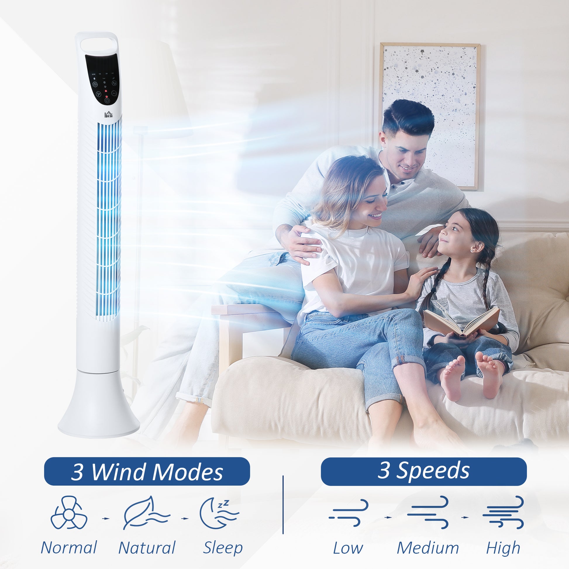 HOMCOM 36" Freestanding Tower Fan, Pedestal Fan with 3 Speed 3 Mode, 7.5h Timer, 70 Degree Oscillation, LCD Panel, 5M Remote Controller, White