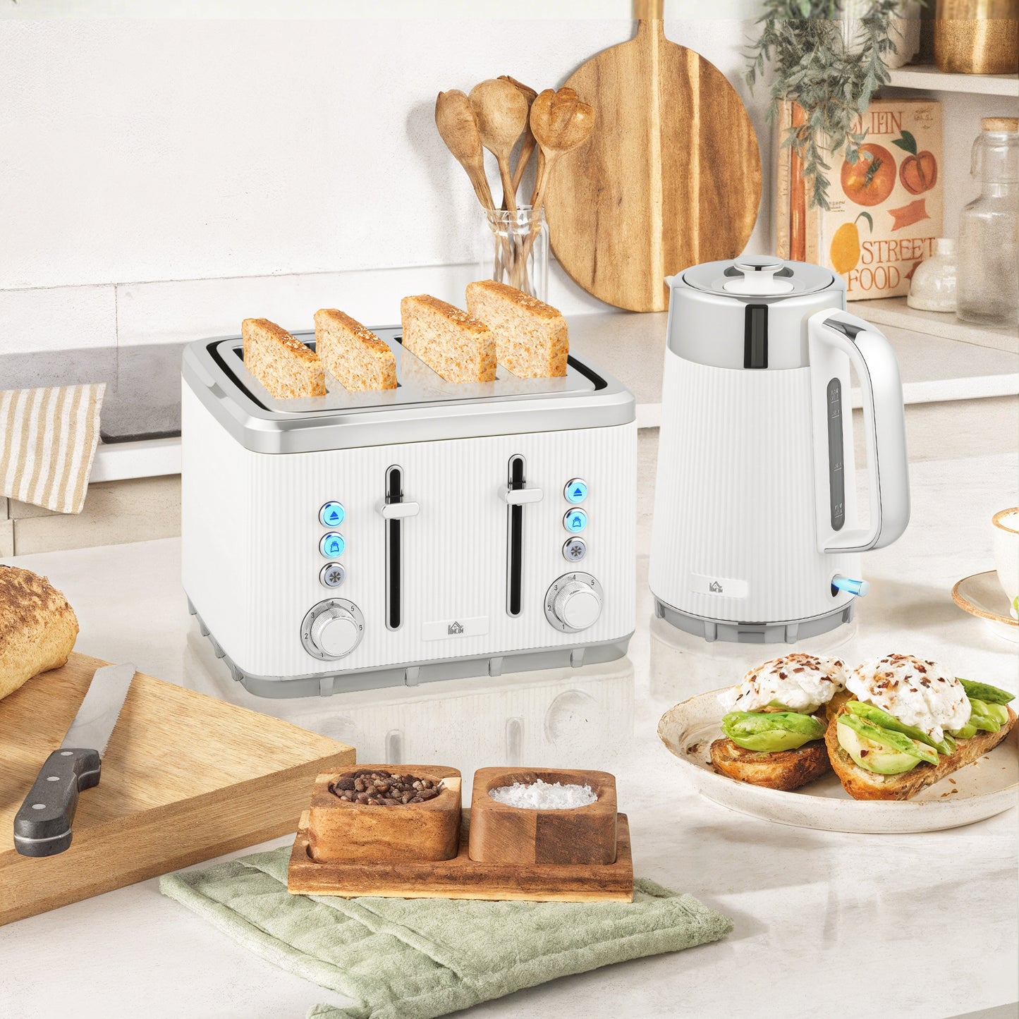 HOMCOM Electric Stainless Steel Kettle and Toaster Set, 3000W 1.7L UK Strix Thermostat Fast Boil Kettle w/ Limescale Filter, Cool Touch Body, 4 Slice Toaster with 7 Browning Levels, White