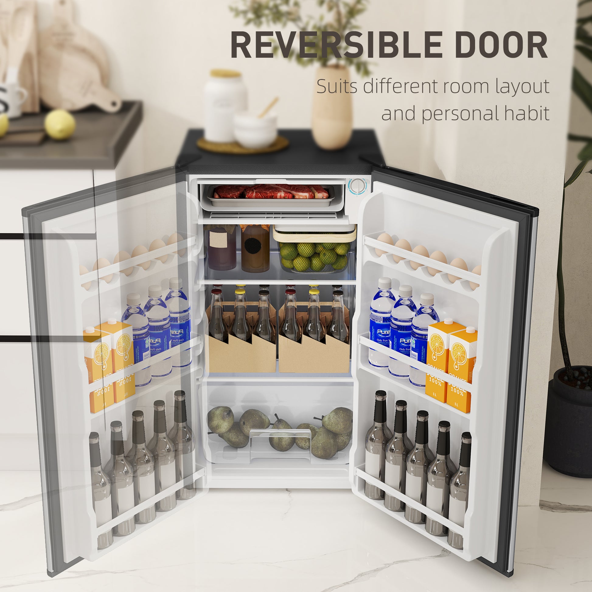 HOMCOM Under Counter Fridge, 91L Small Fridge with Chiller Box, Removable Shelf, Reversible Door, Adjustable Legs, Mini Refrigerator,  Silver Tone