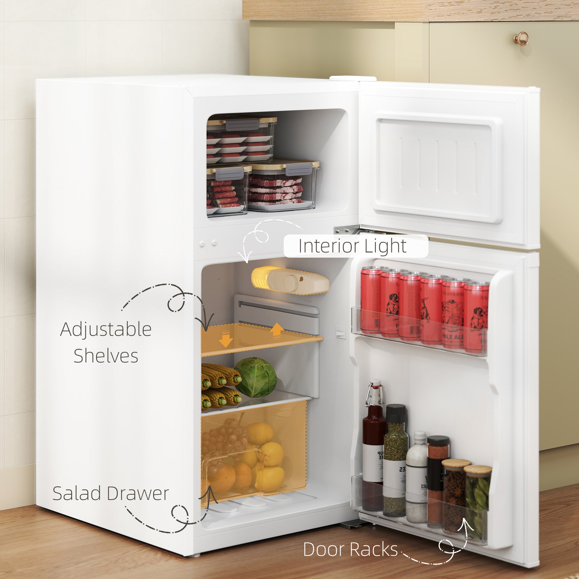 HOMCOM 88L Under Counter Fridge Freezer, Small Refrigerator with 5-Setting, 3 Star Freezer Rating, White