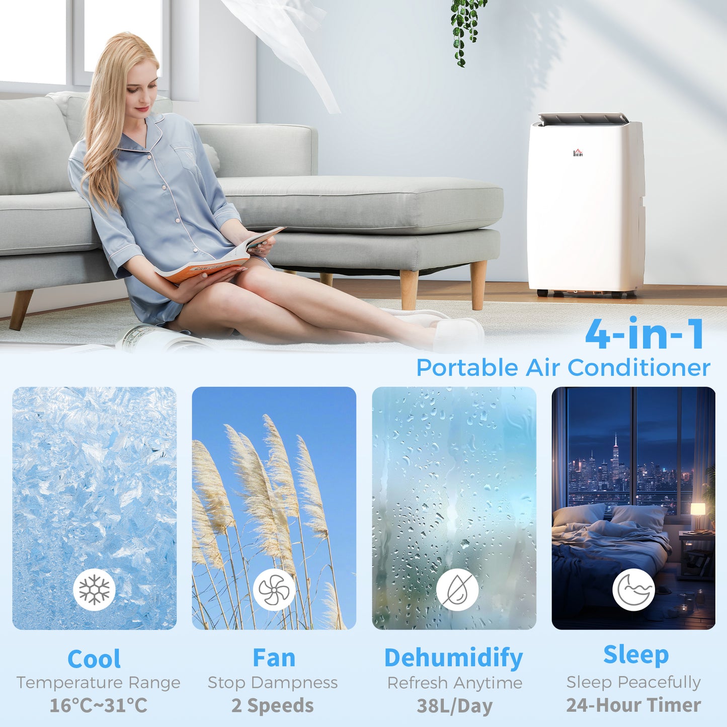 HOMCOM Portable Air Conditioner 12000 BTU BTU, 4-in-1 Air Conditioning Unit, Dehumidifier, Cooling, Fan, Child Lock, 35 m²