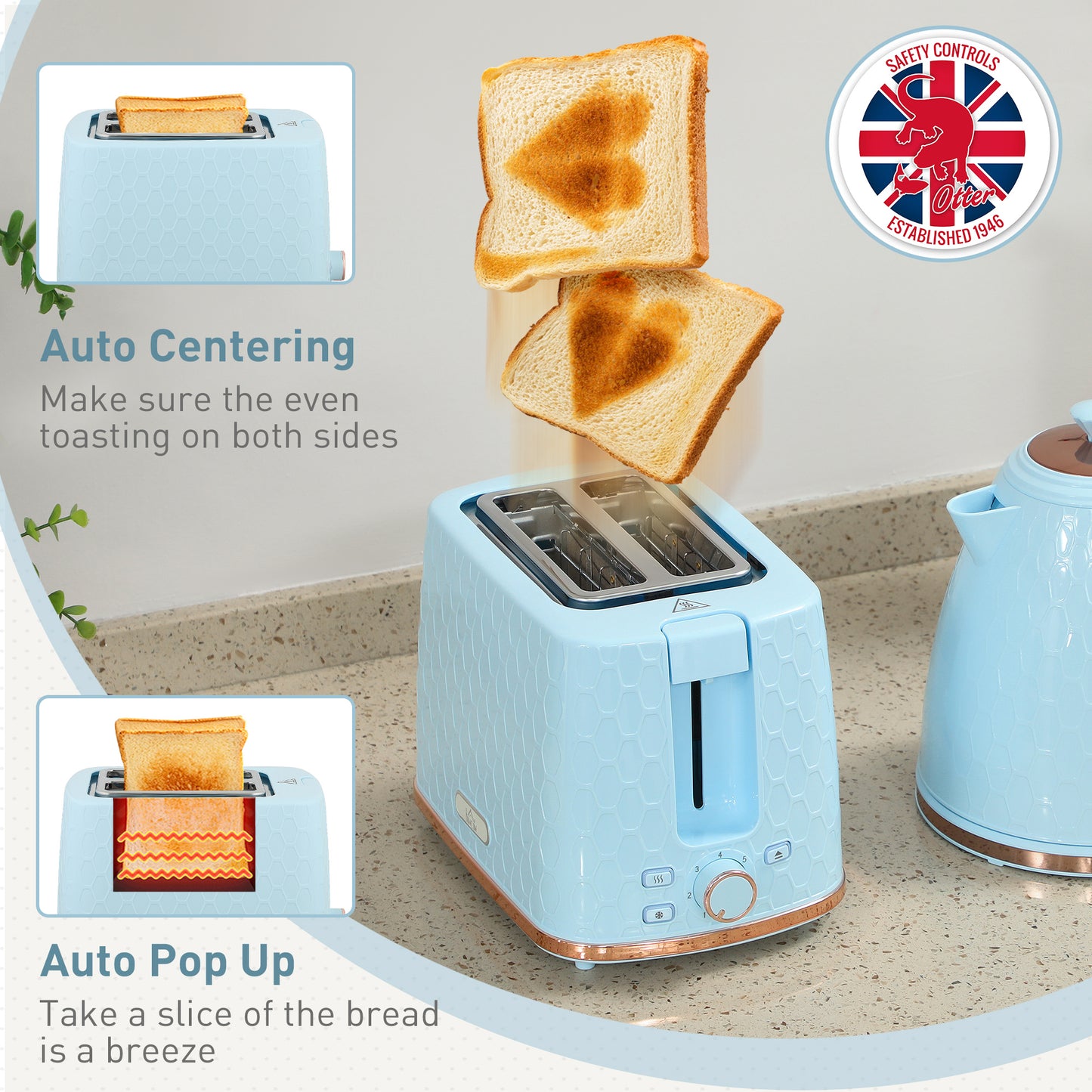 HOMCOM 1.7L 3000W Fast Boil Kettle & 2 Slice Toaster Set, Kettle and Toaster Set with Auto Shut Off, Browning Controls, Light Blue