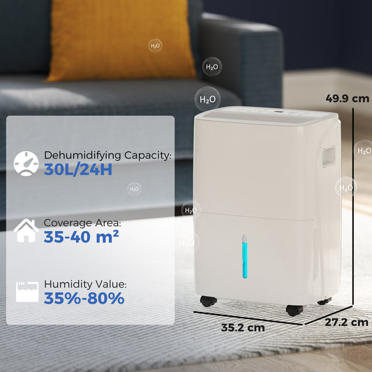 HOMCOM 30L/Day Dehumidifier with Auto-Clean Filter, Continuous Drainage, 4L Water Tank, 24H Timer, Digital Humidity Display, Dehumidifier for Home Damp, Bedroom, Condensation, Mould, Laundry Drying