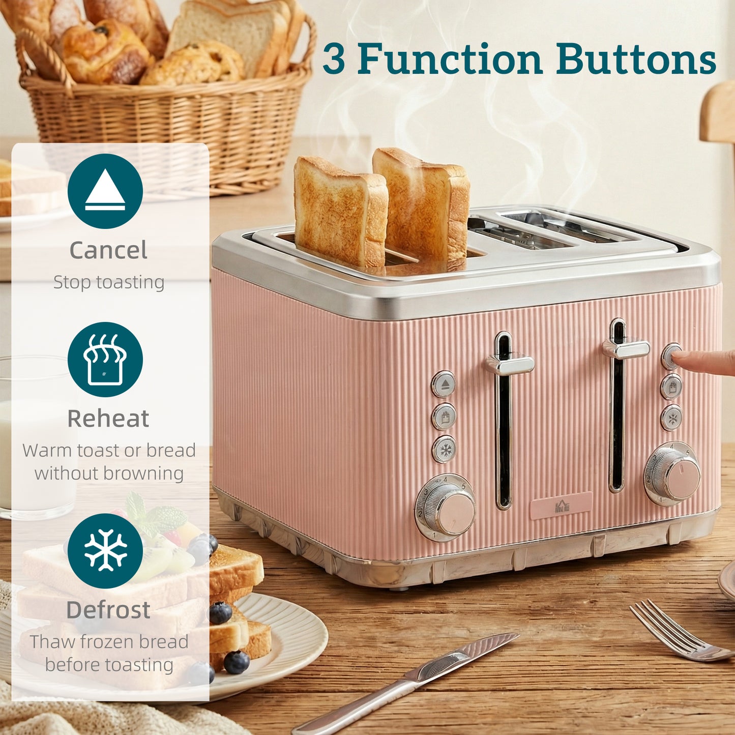 HOMCOM Electric Stainless Steel Kettle and Toaster Set, 3000W 1.7L UK Strix Thermostat Fast Boil Kettle Pink