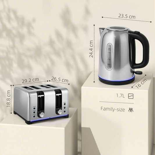 HOMCOM Kettle and Toaster Set, 1.7L 3000W Rapid Boil Jug Kettle with Otter Thermostat, Limescale Filter, 4 Slice Toaster with 7 Browning Controls, Crumb Tray, LED Strip, Silver Tone