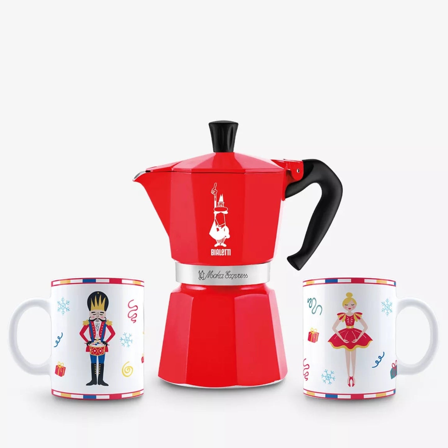 Bialetti Nutcracker Moka Express (6 Cup) & 2 Mugs