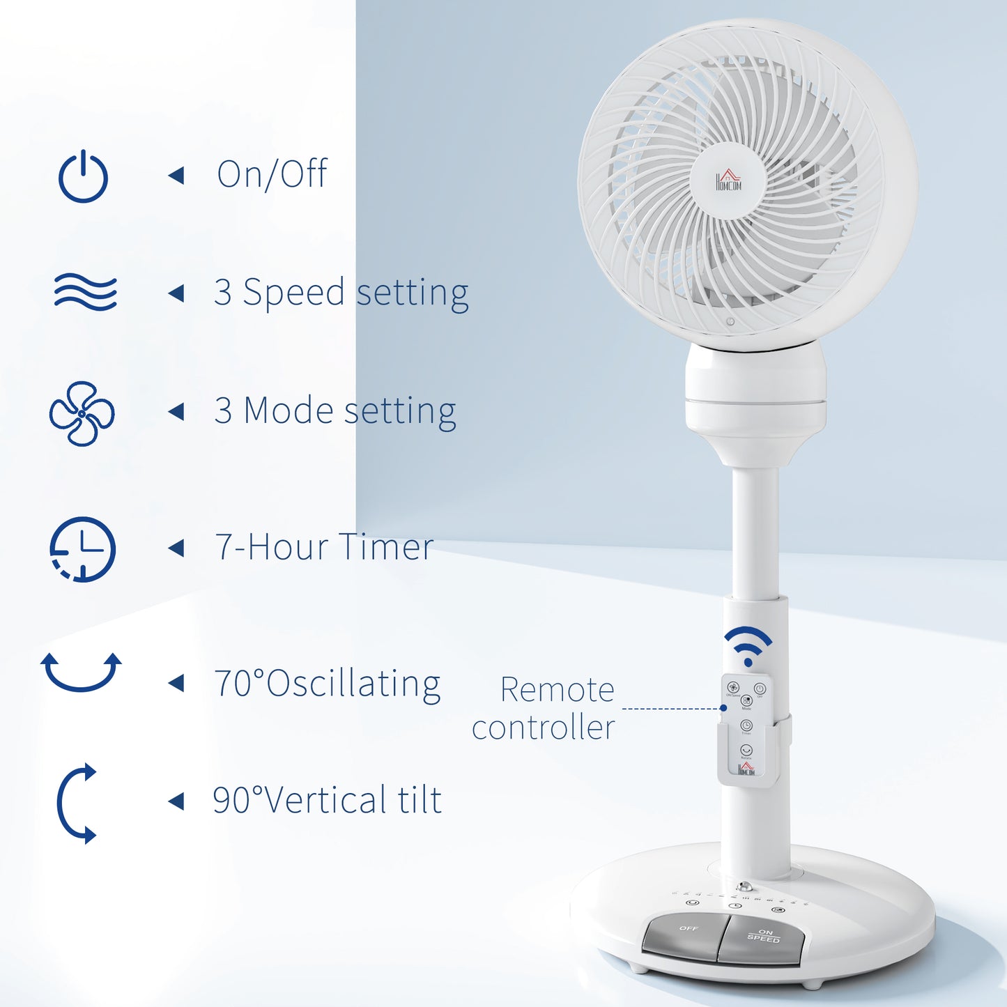 HOMCOM Standing Fan for Bedroom, 28" Pedestal Fan with Remote, 70° Oscillating, 90° Vertical Tilt, 3 Speeds, Adjustable Height, 7H Timer, Foot Button, White