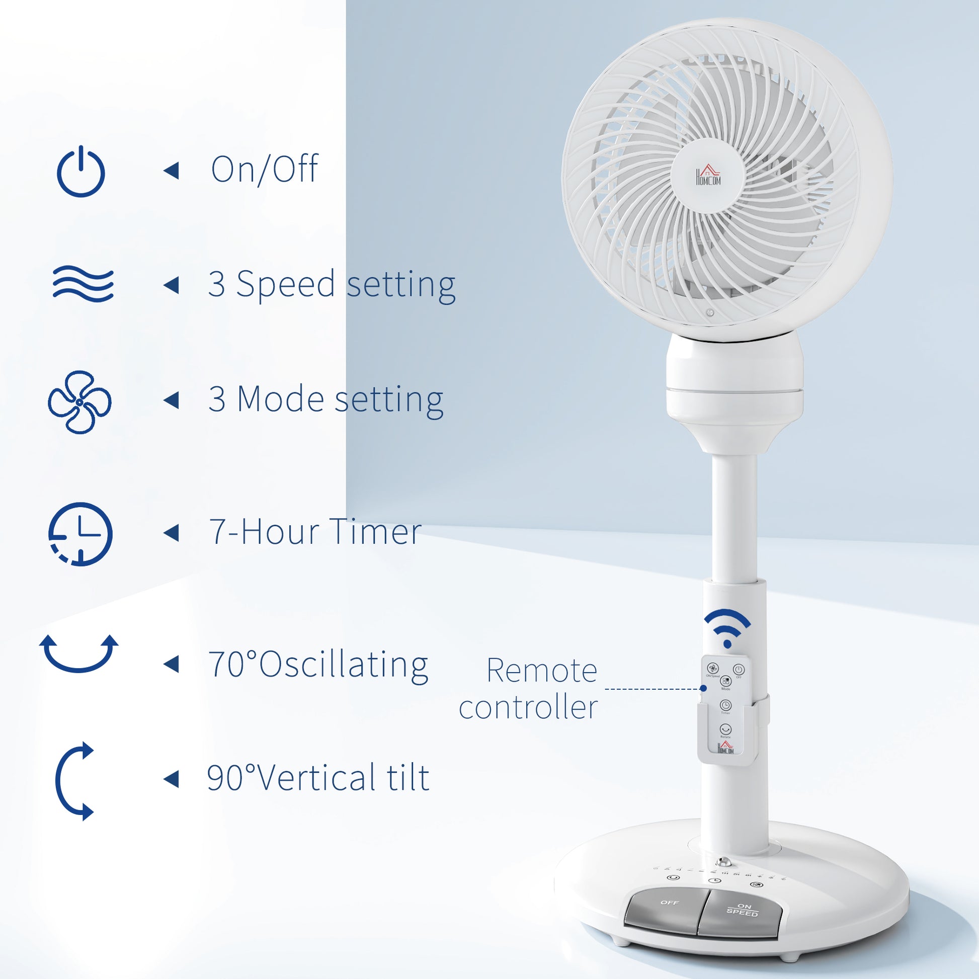 HOMCOM Standing Fan for Bedroom, 28" Pedestal Fan with Remote, 70° Oscillating, 90° Vertical Tilt, 3 Speeds, Adjustable Height, 7H Timer, Foot Button, White