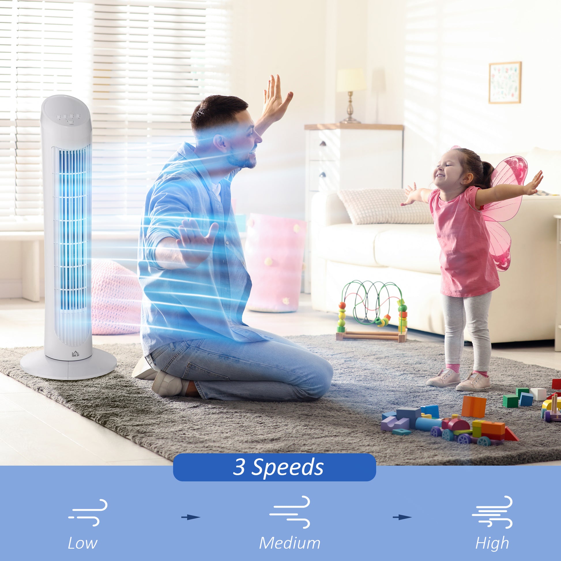 HOMCOM Tower Fan for Bedroom Cooling, 30 Inch Electric 70° Oscillating Fan with 3 Speed Settings, Standing Floor Fan for Home Office Indoor, White