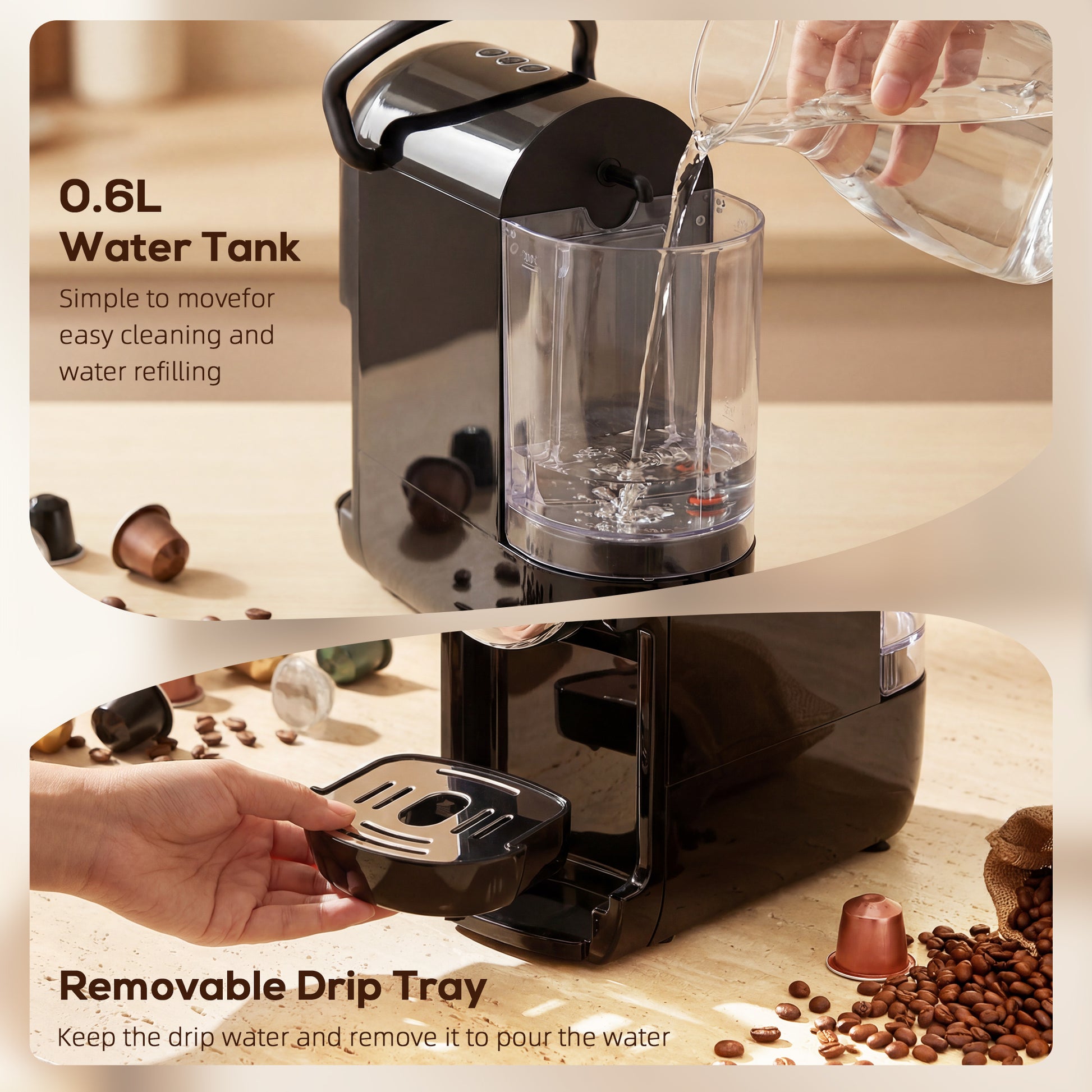 HOMCOM Pod Coffee Machine for Nespresso, Dolce Gusto Capsule & Ground Coffee, Small Semi Automatic Coffee Maker, 19 Bar, 0.6L