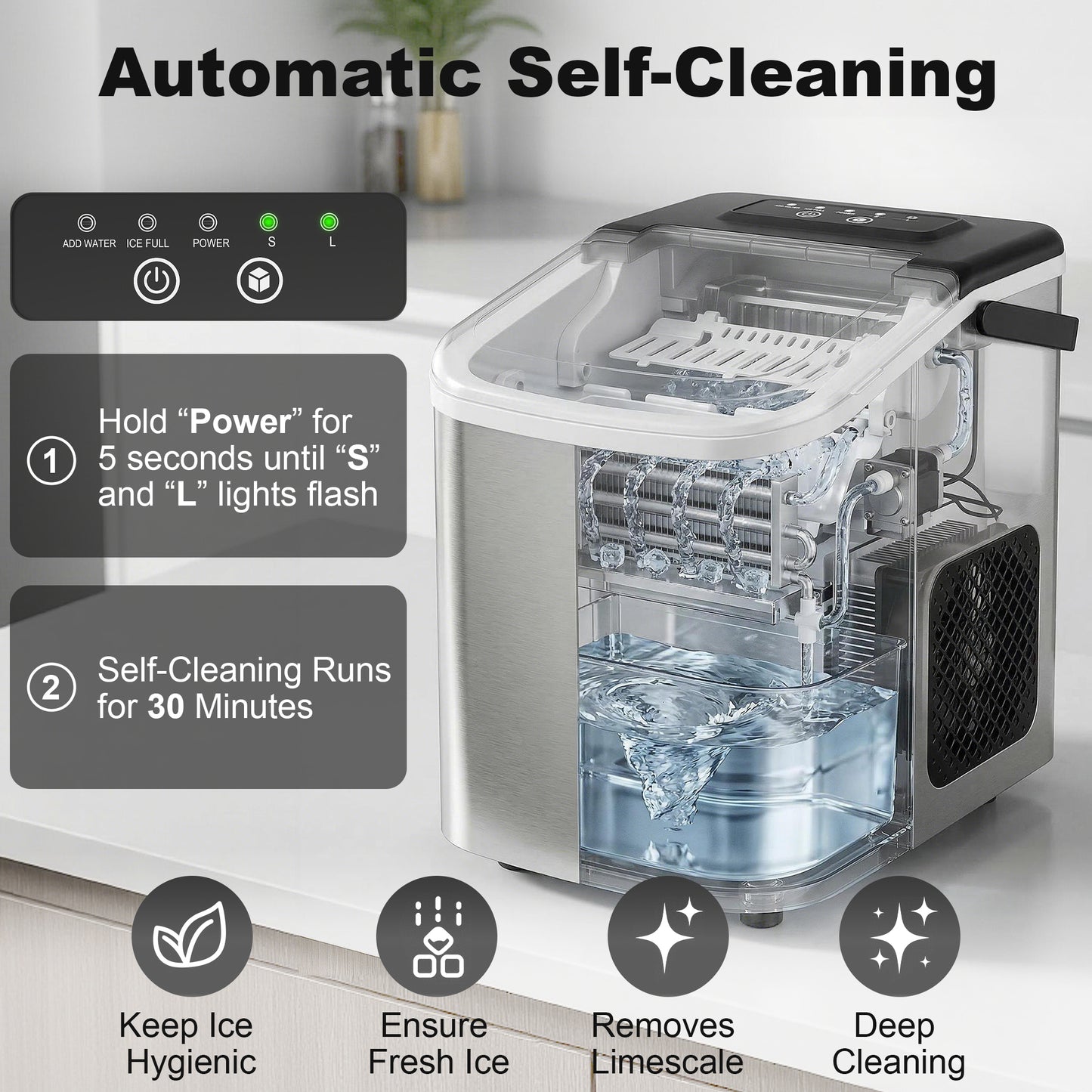 HOMCOM Ice Maker Machine Countertop, 9 Cubes Ready in 7 Mins, 12 KG in 24Hrs, 2 Sizes of Bullet, Self-Cleaning Ice Machine with Portable Handle, Scoop and Basket for Home Kitchen Office RV