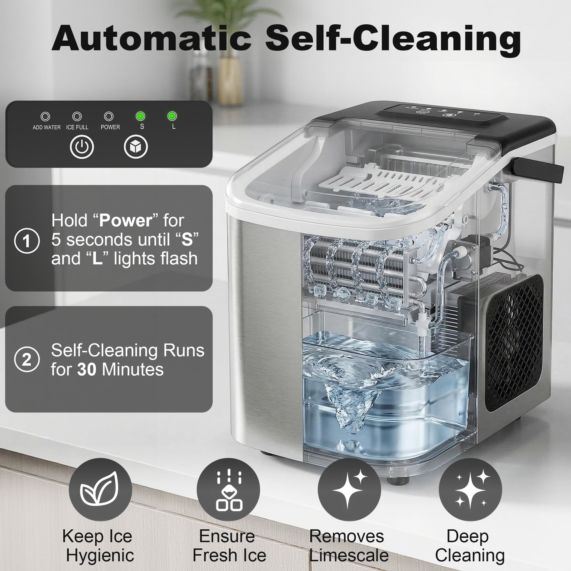 HOMCOM Ice Maker Machine Countertop, 9 Cubes Ready in 7 Mins, 12 KG in 24Hrs, 2 Sizes of Bullet, Self-Cleaning Ice Machine with Portable Handle, Scoop and Basket for Home Kitchen Office RV