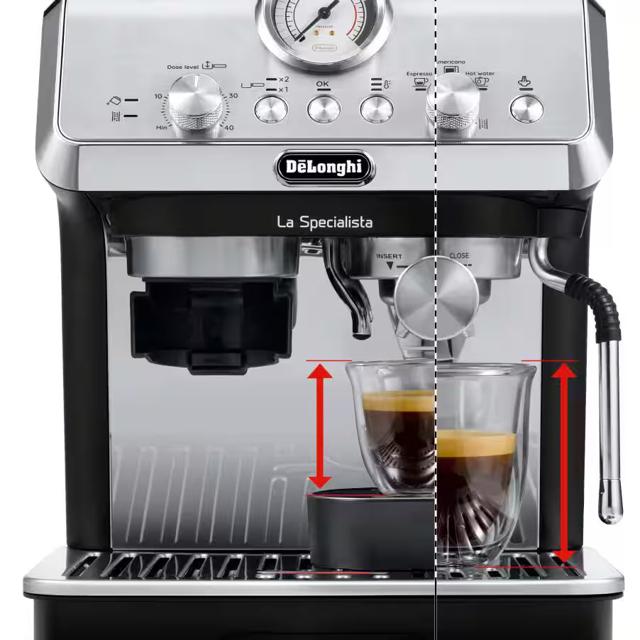De'Longhi EC9155.MB La Specialista Arte front view showing brew group, drip tray and professional portafilter