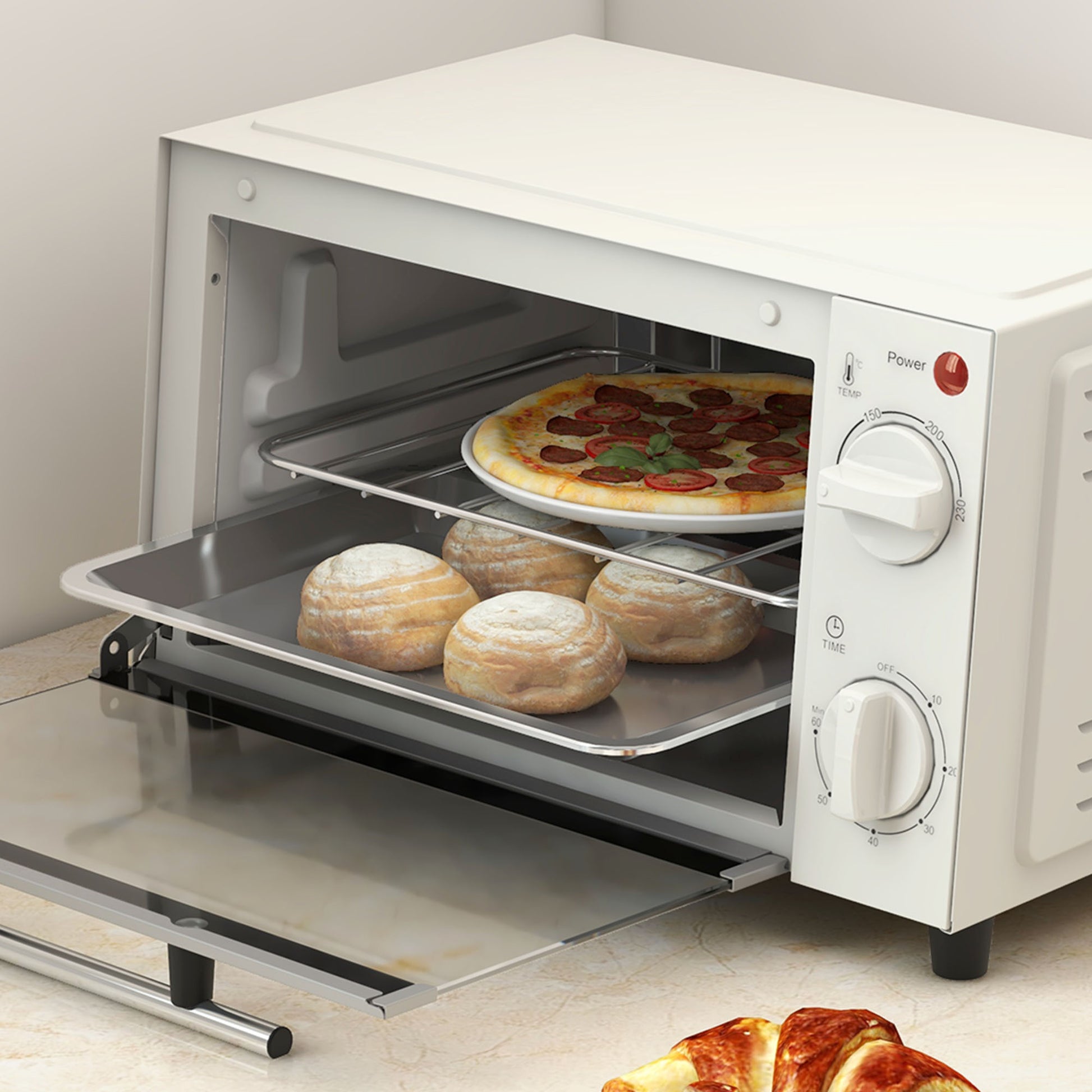 HOMCOM Mini Oven, 9L Countertop Electric Grill, Toaster Oven with Adjustable Temperature, Timer, Dishwasher Safe Baking Tray and Wire Rack, 750W, Cream
