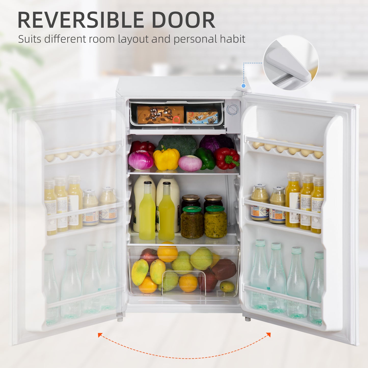 HOMCOM 91L Small Fridge with Chiller Box Under Counter Fridge with Reversible Door, Good Housekeeping Institute Approved, White