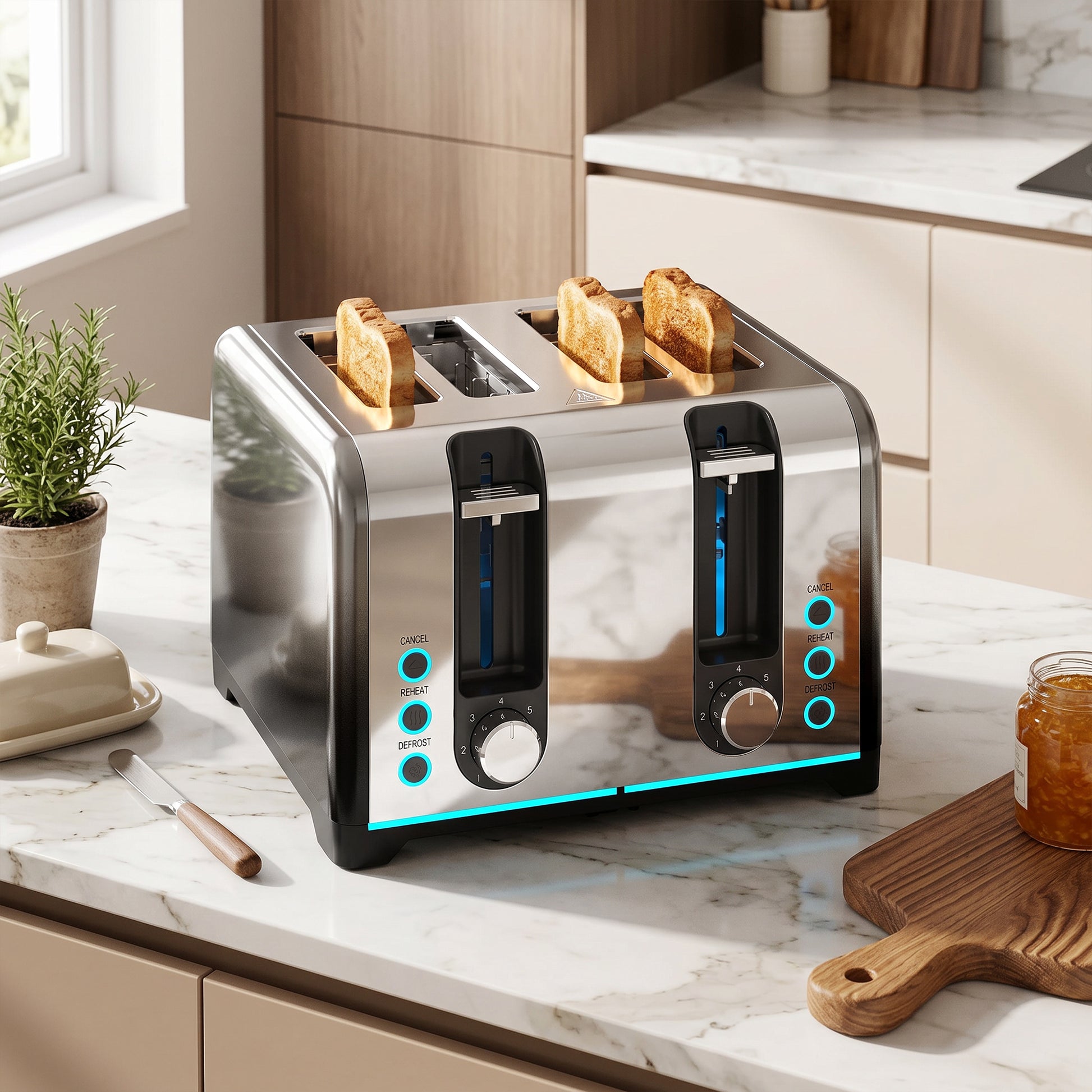 HOMCOM 4 Slice Toaster with 7 Browning Levels, Reheat, Defrost and Cancel Functions