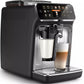 Philips EP5446/70 coffee machine with a glass of coffee on a white background