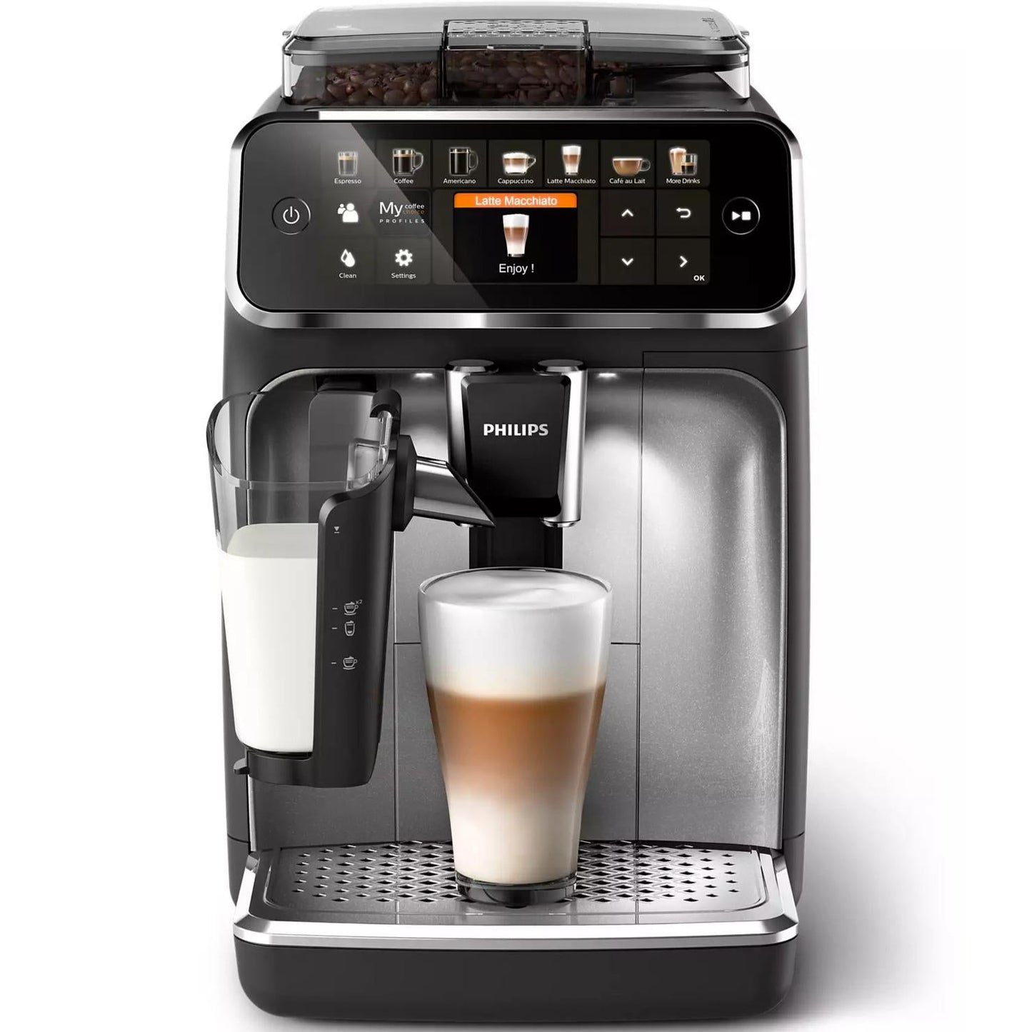Philips EP5446/70 coffee machine with a glass of coffee on a white background