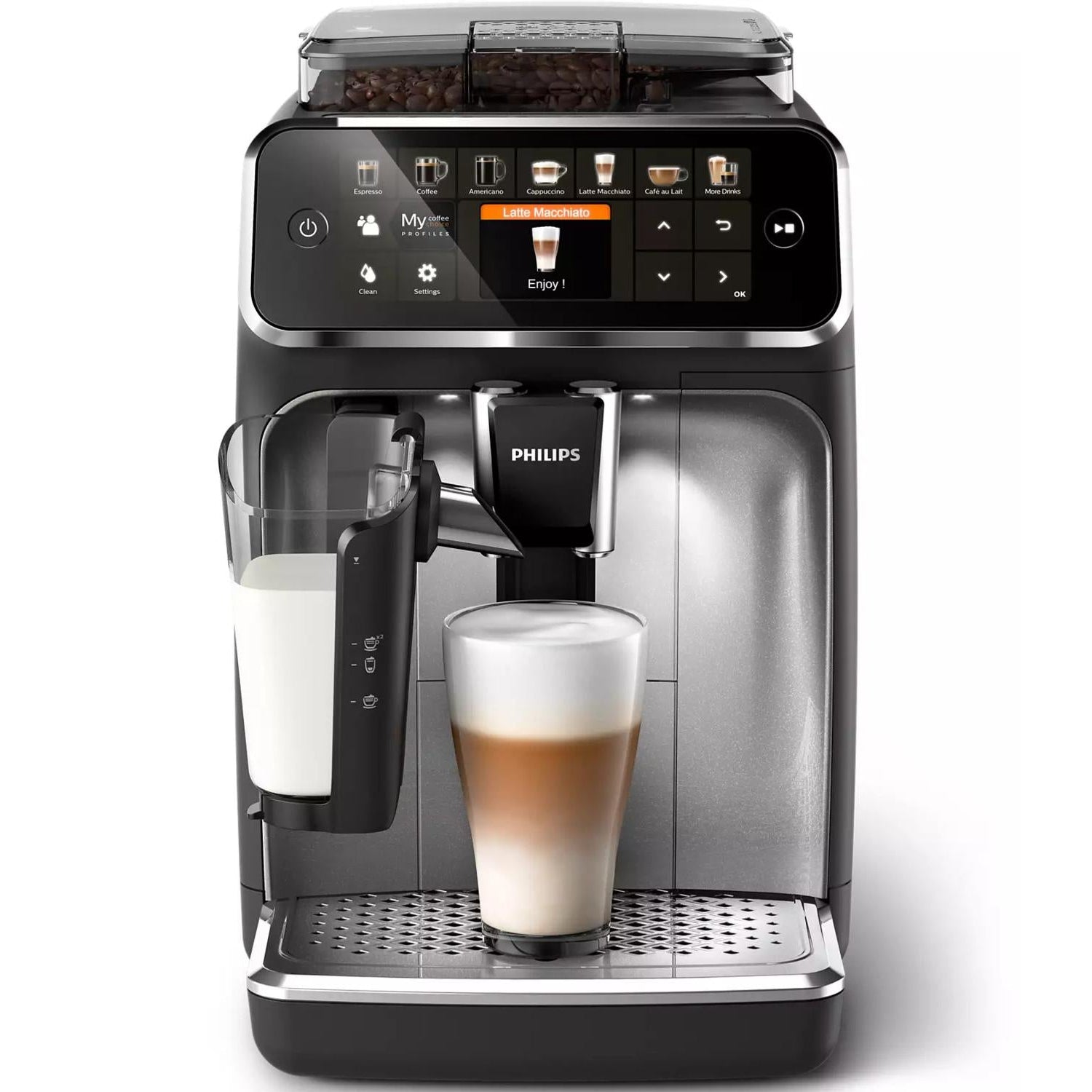 Philips EP5446/70 coffee machine with a glass of coffee on a white background