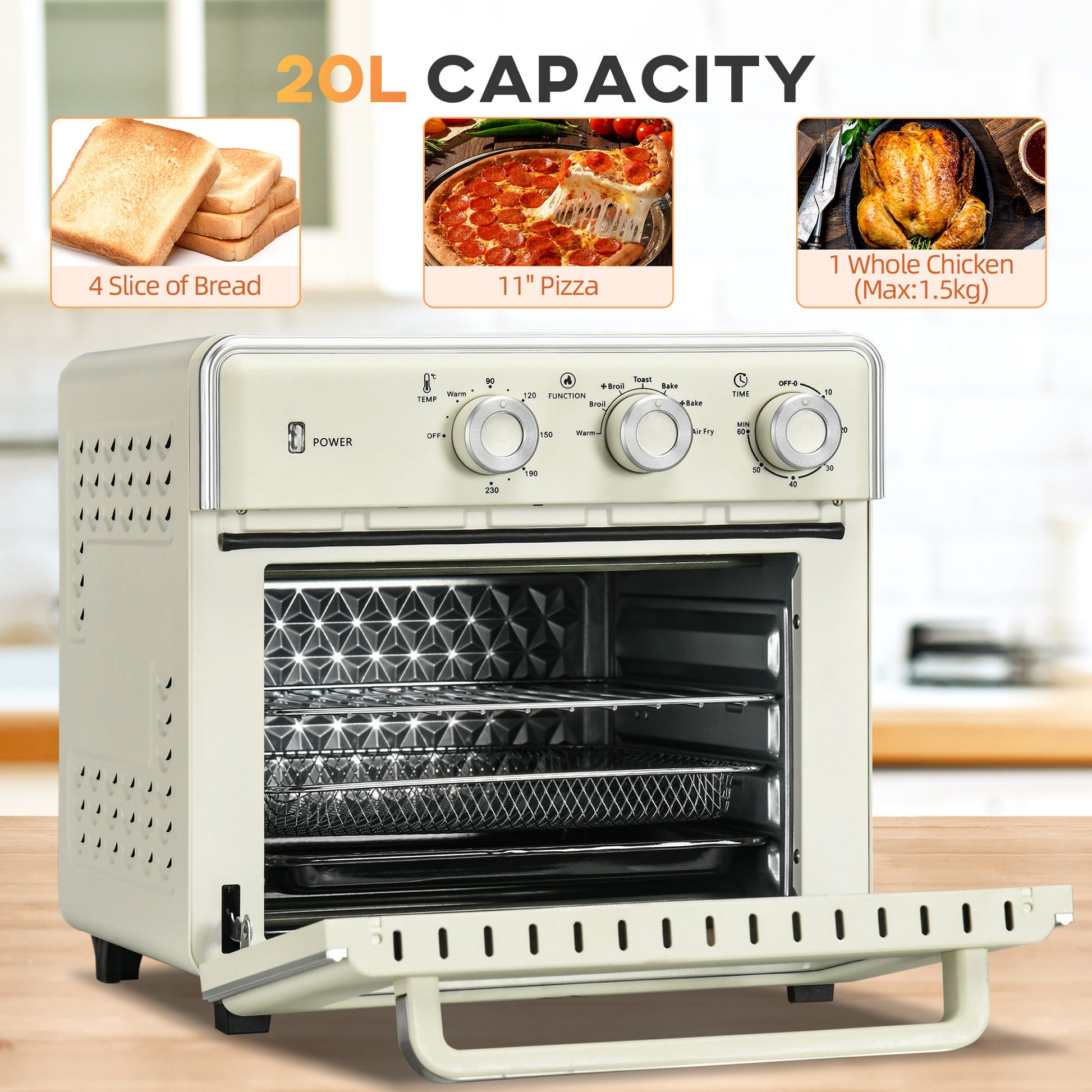HOMCOM 20L 90-230°C Mini Electric Oven - Cream