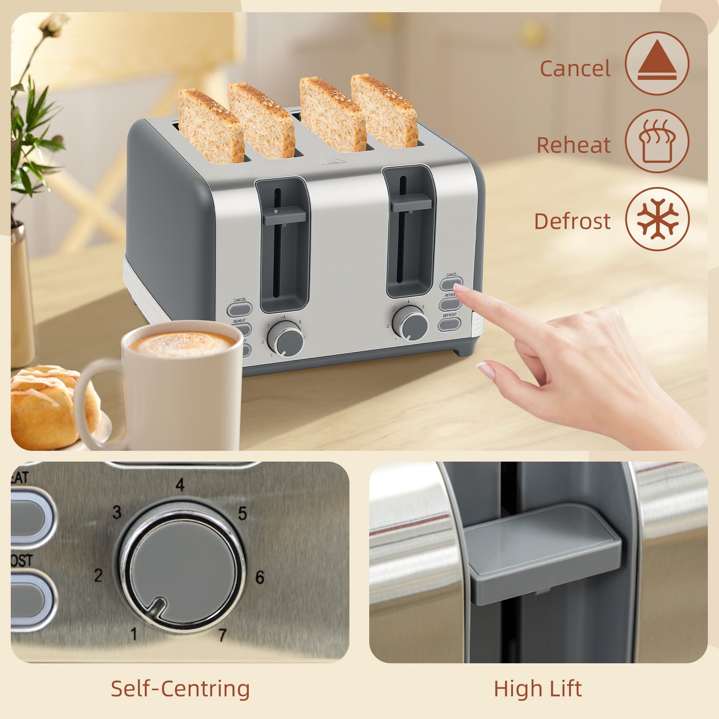 HOMCOM Stainless Steel Panel Kettle and Toaster Set - Grey