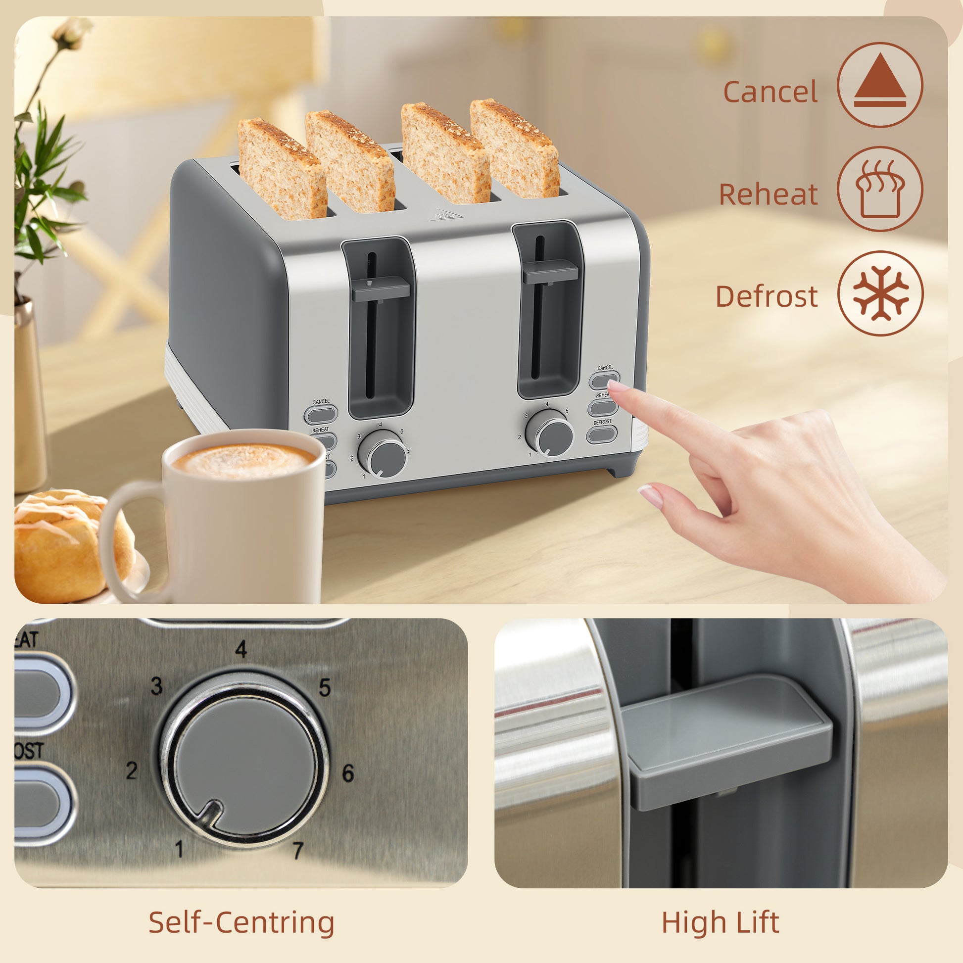 HOMCOM Stainless Steel Panel Kettle and Toaster Set - Grey
