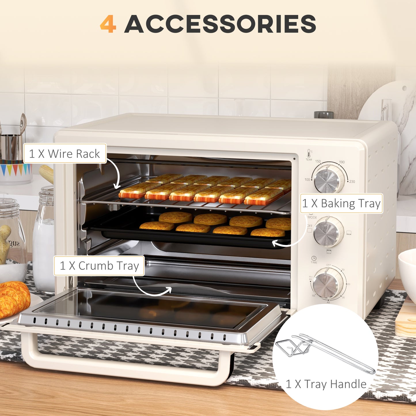 HOMCOM 21L Mini Countertop Oven, 100°C-230°C Adjustable Temp - White