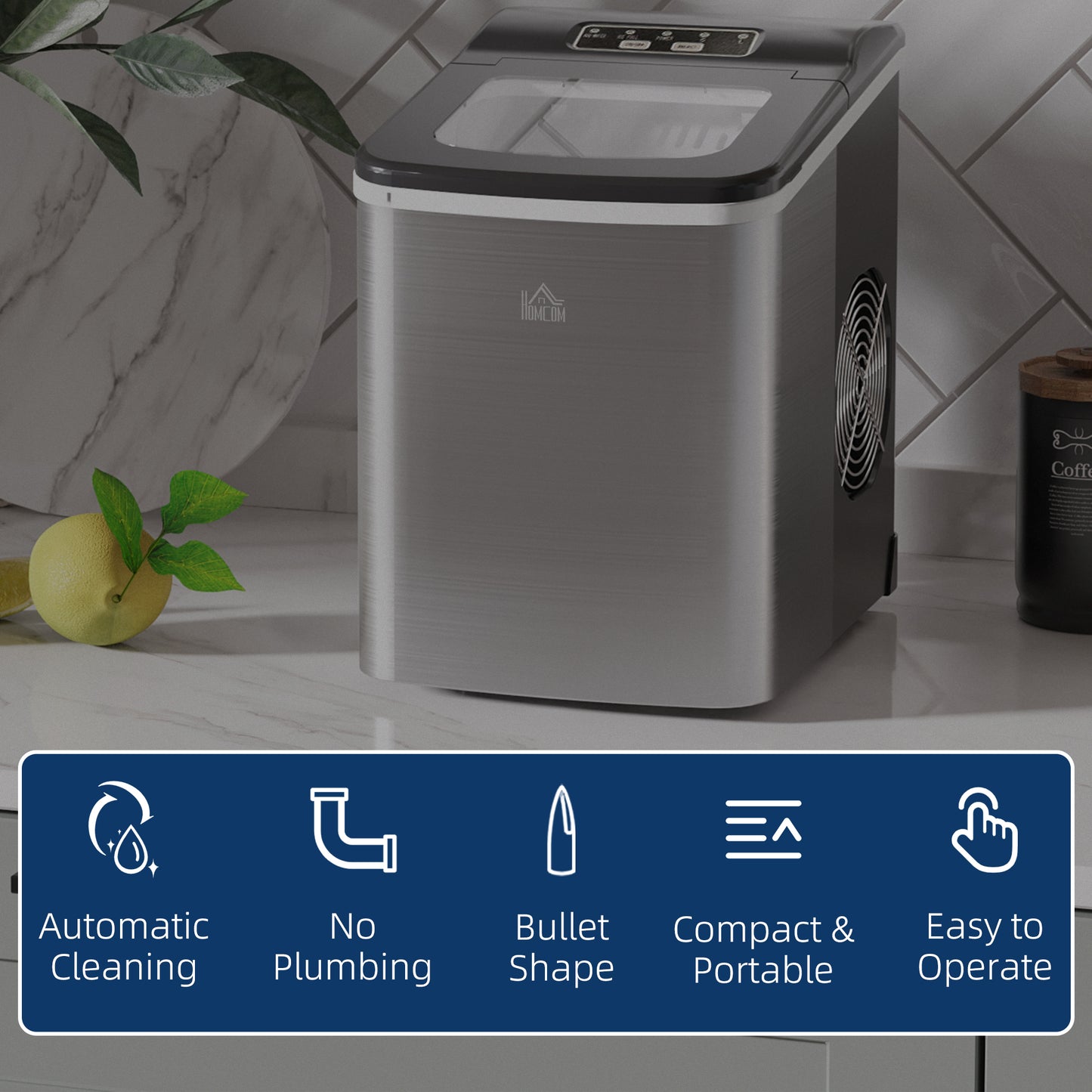 HOMCOM Ice Maker Machine Countertop, 9 Ice Cubes in 8 Mins, 12KG in 24Hrs, Self-Cleaning Portable Ice Cube Maker w/ Adjustable Ice Size, Ice Scoop, Basket, Stainless Steel, No Plumbing Required, Black
