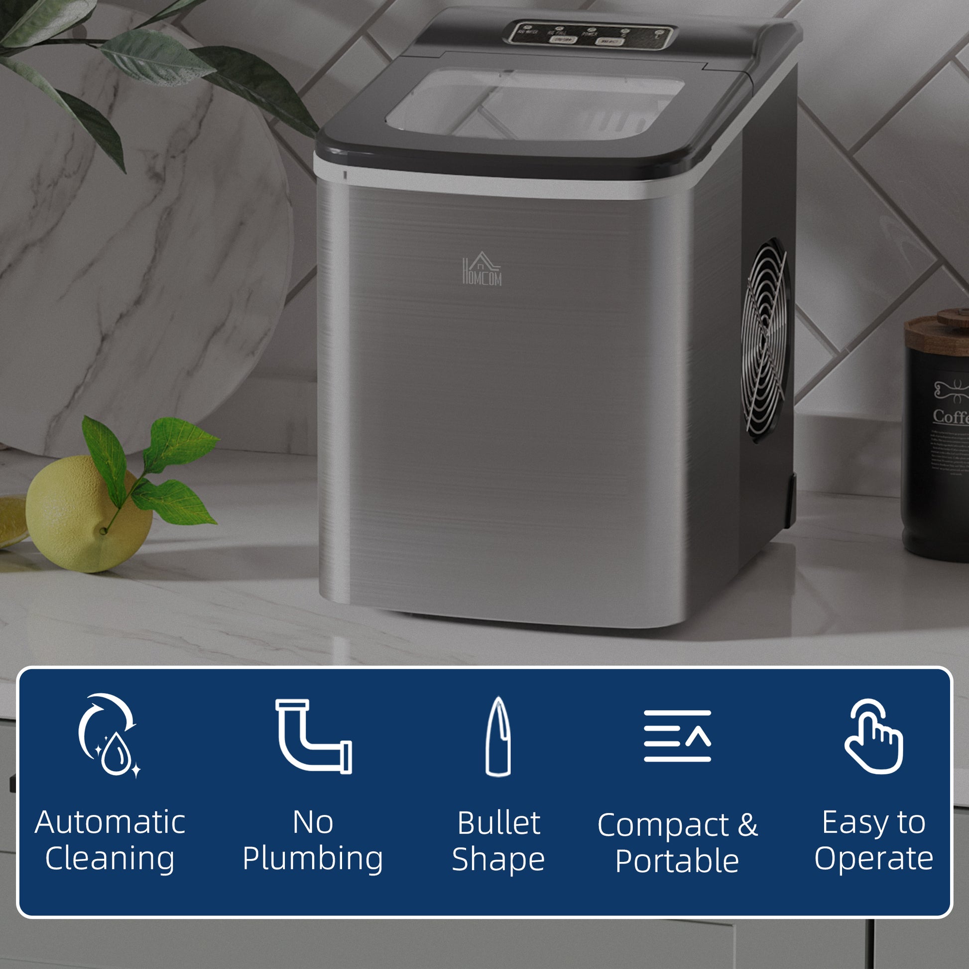 HOMCOM Ice Maker Machine Countertop, 9 Ice Cubes in 8 Mins, 12KG in 24Hrs, Self-Cleaning Portable Ice Cube Maker w/ Adjustable Ice Size, Ice Scoop, Basket, Stainless Steel, No Plumbing Required, Black