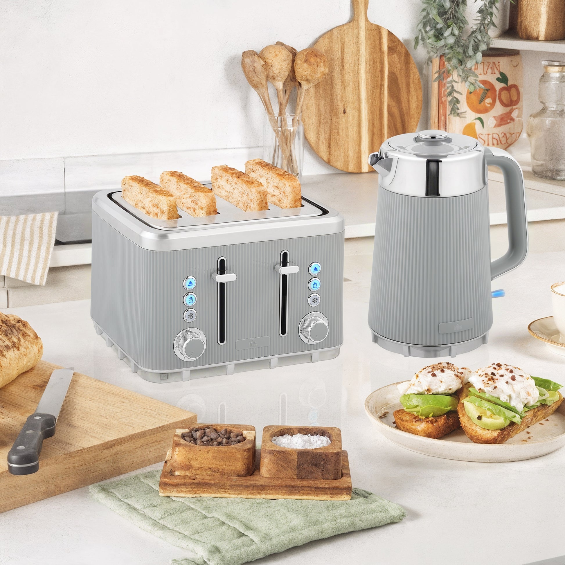 HOMCOM Electric Stainless Steel Kettle and Toaster Set, 3000W 1.7L UK Strix Thermostat Fast Boil Kettle w/ Limescale Filter, Cool Touch Body, 4 Slice Toaster with 7 Browning Levels, Taupe