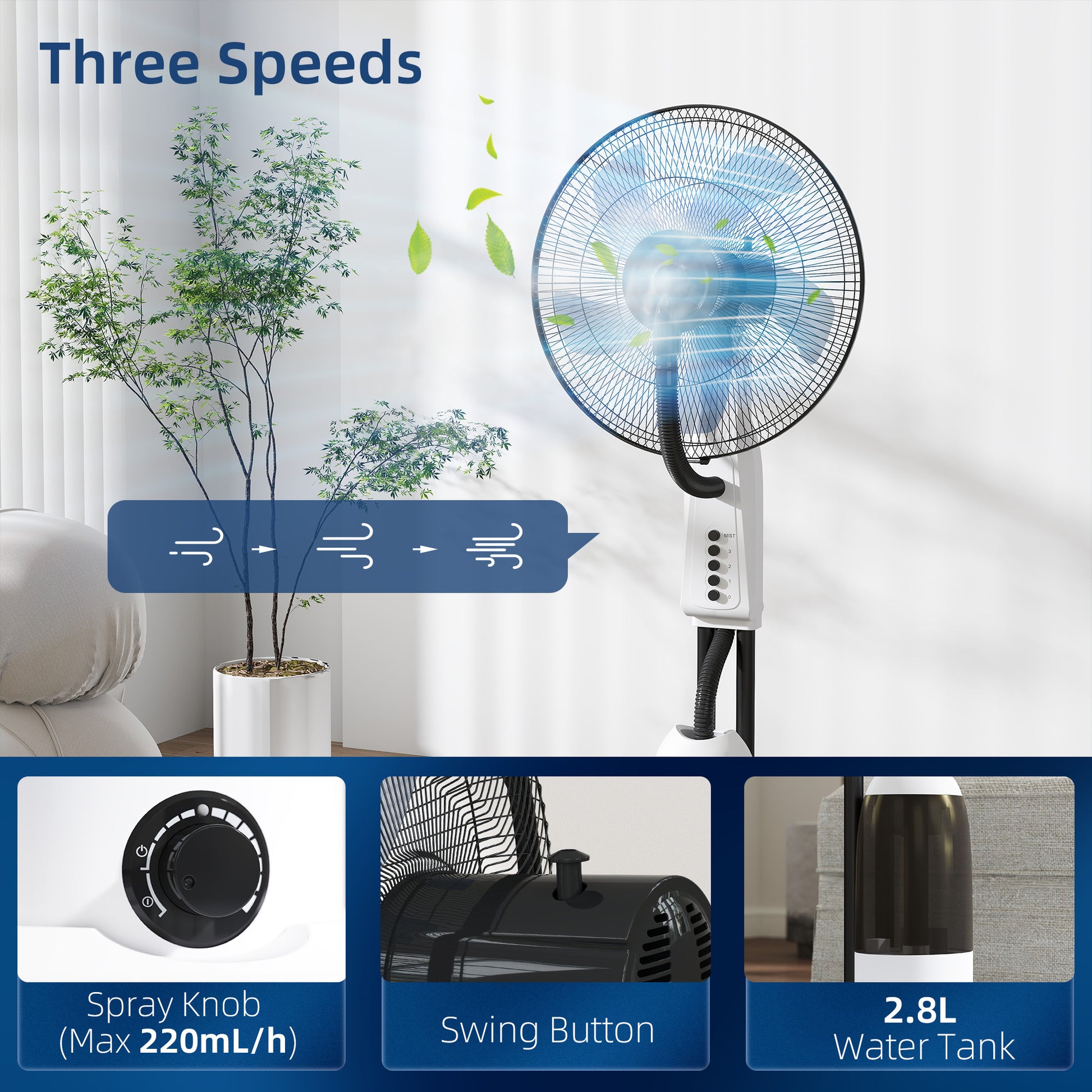 HOMCOM Spray Misting Fan, Floor Fan with Water Mist Spray, 70° Oscillation, Tilt Head, 3 Speeds, 2.8L Water Tank, White