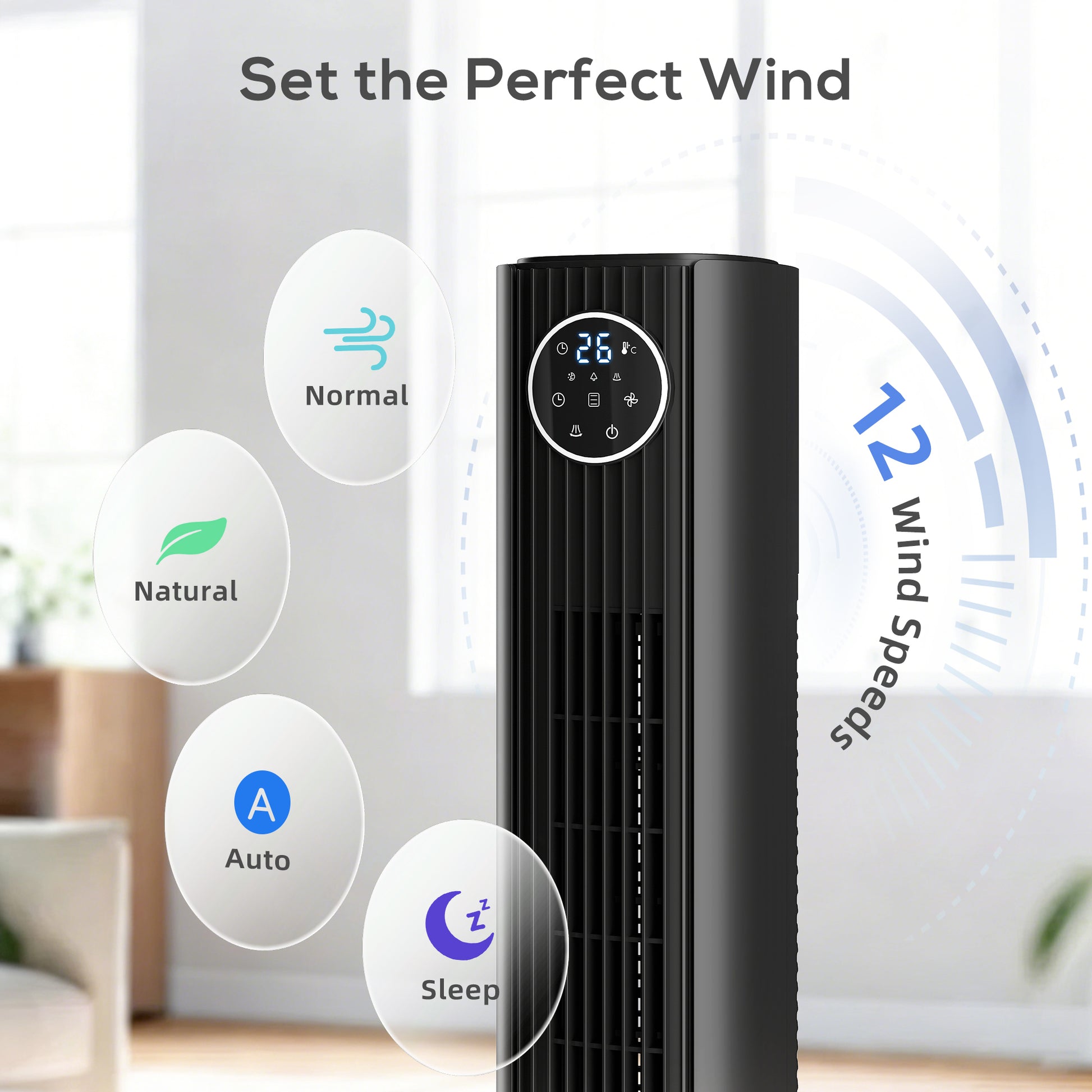 HOMCOM 28dB Tower Fan for Bedroom, 36 inch, 8 m/s Velocity Standing Cooling Fan with 80° Oscillating, BLDC Motor, 12 Speeds, LED Display, 4 Modes, 12H Timer, Remote Control, Black