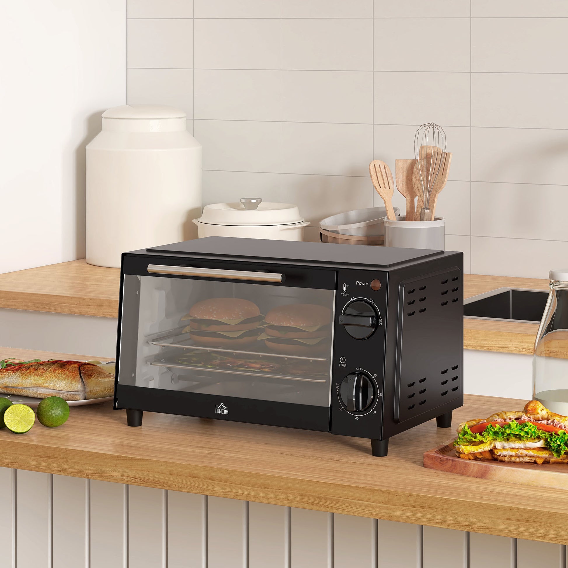 HOMCOM Mini Oven, 9L Countertop Electric Grill, Toaster Oven with Adjustable Temperature, Timer, Dishwasher Safe Baking Tray and Wire Rack, 750W, Black