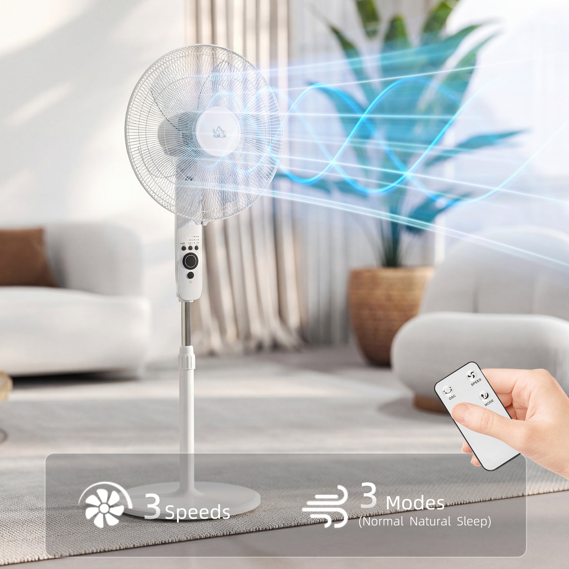HOMCOM 124cm Pedestal Fan with Sleep Mode, Oscillating Standing Fan with 3 Modes, Remote Control, Adjustable Height, White