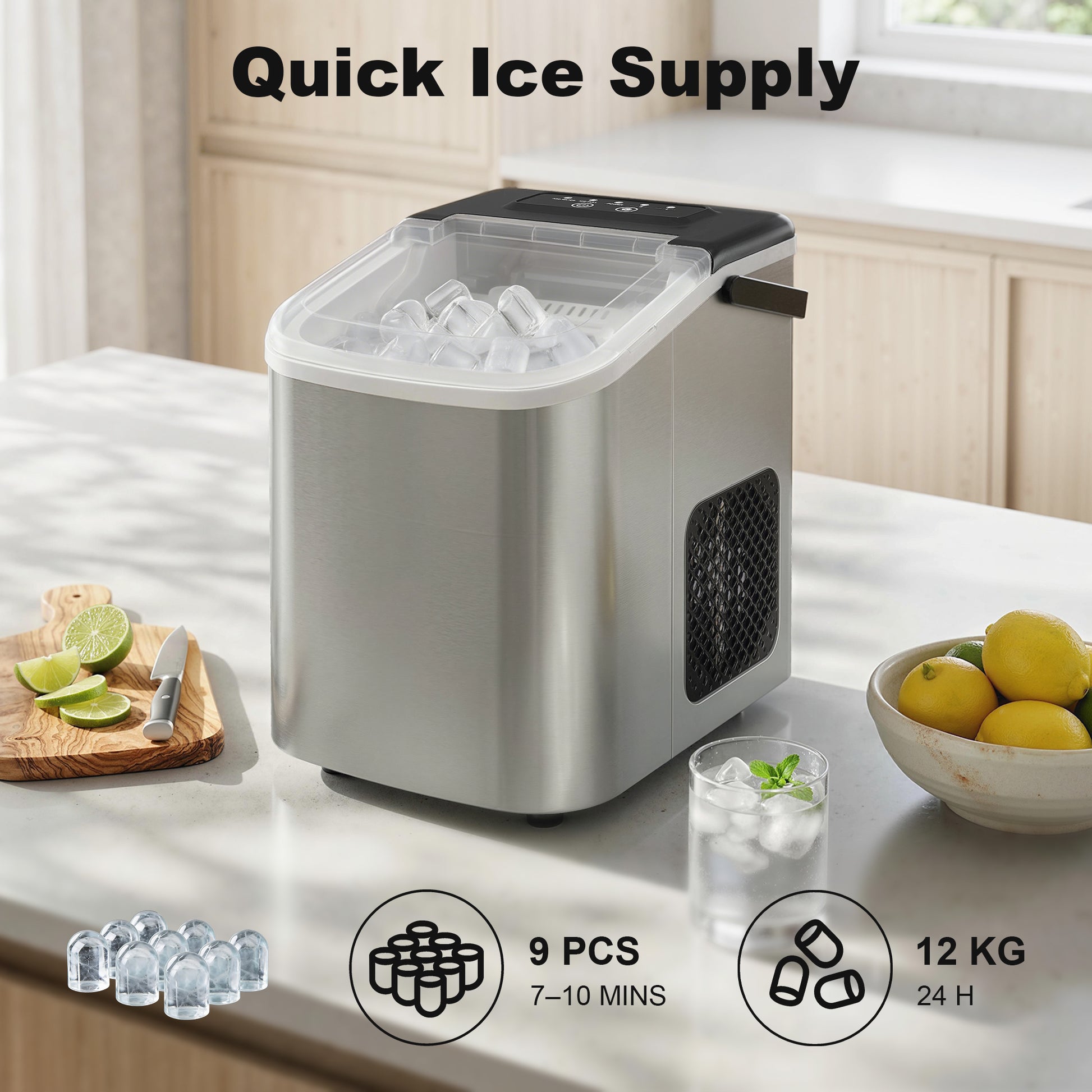 HOMCOM Ice Maker Machine Countertop, 9 Cubes Ready in 7 Mins, 12 KG in 24Hrs, 2 Sizes of Bullet, Self-Cleaning Ice Machine with Portable Handle, Scoop and Basket for Home Kitchen Office RV