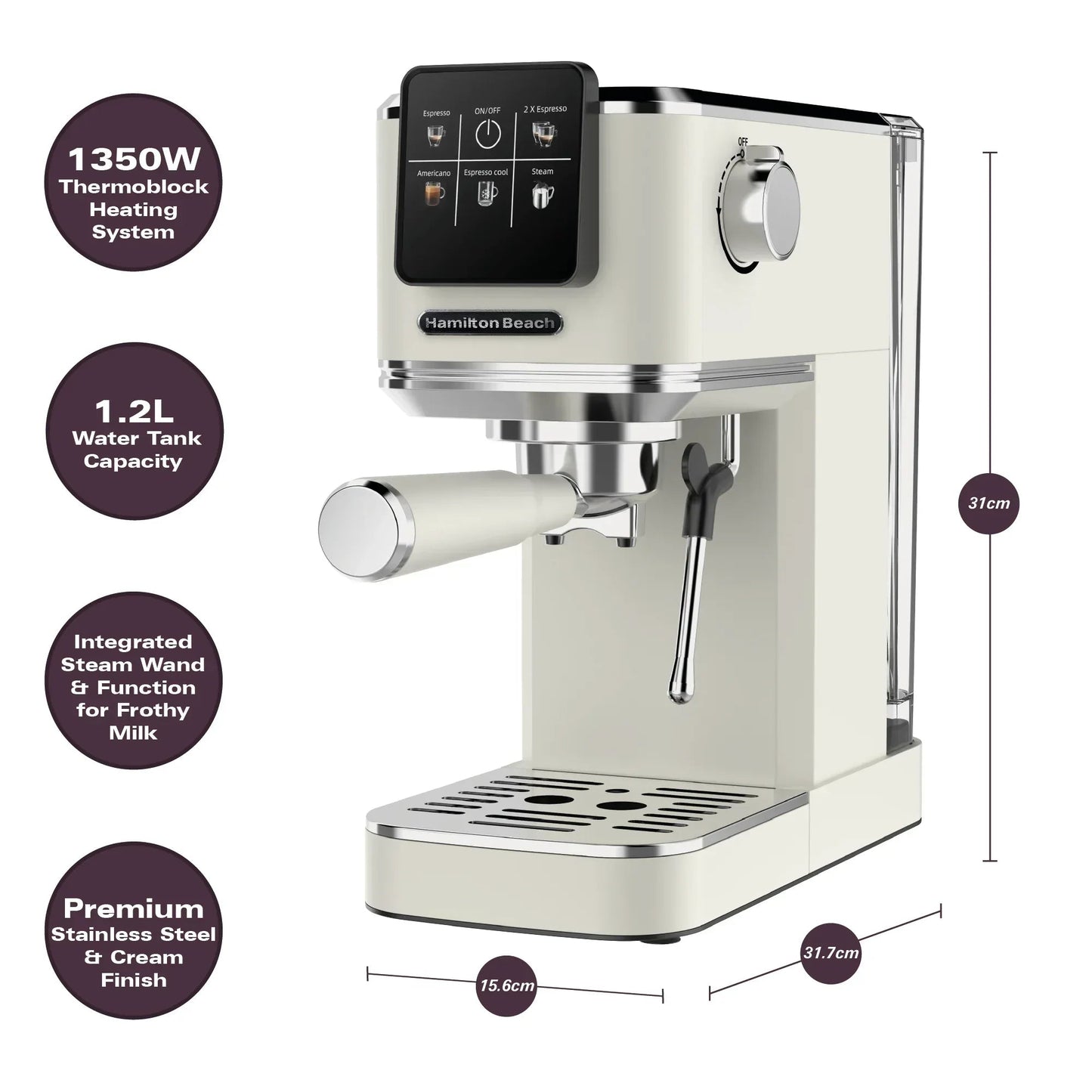 Hamilton Beach BaristaPro Touch 5-in-1 Espresso Machine Cream