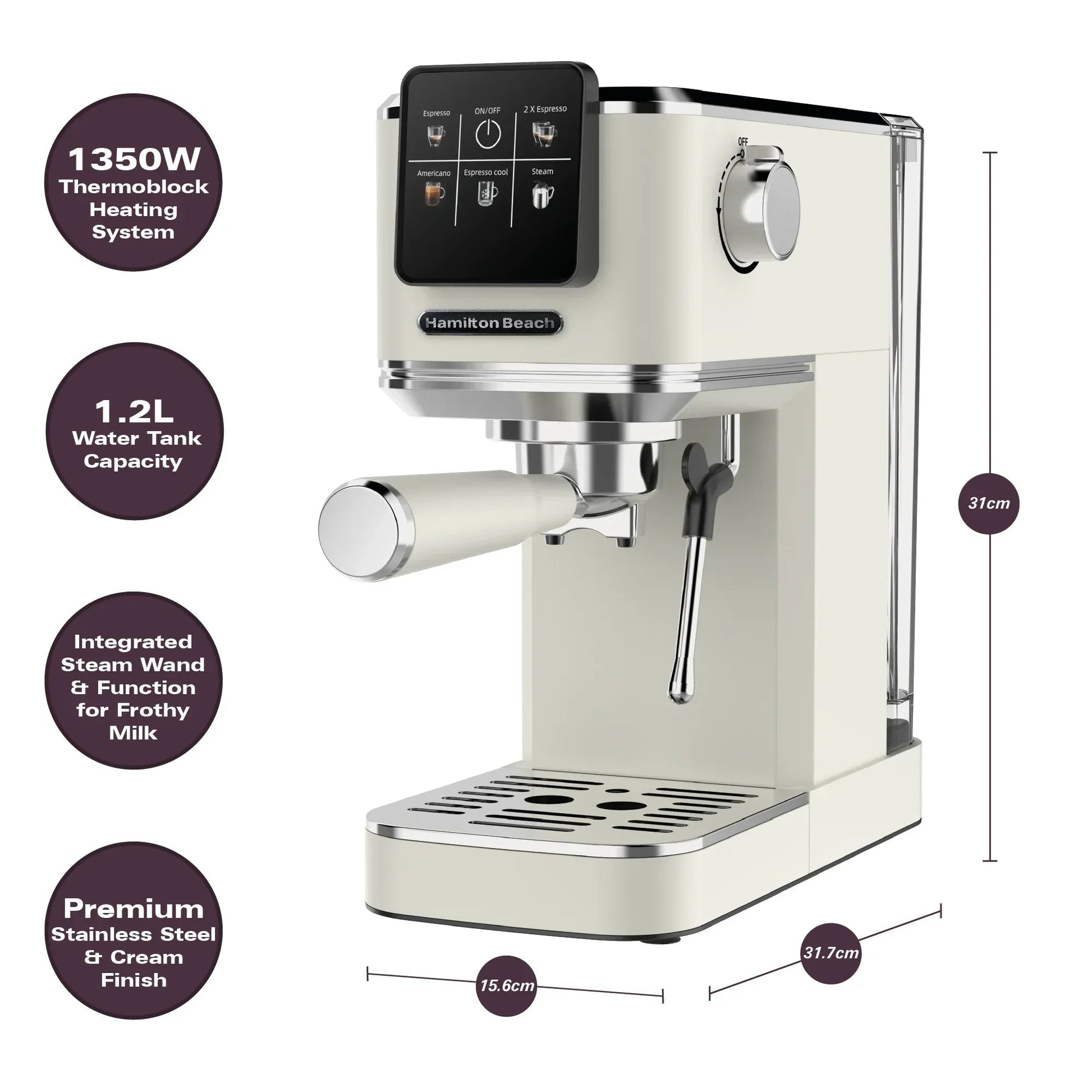 Hamilton Beach BaristaPro Touch 5-in-1 Espresso Machine Cream