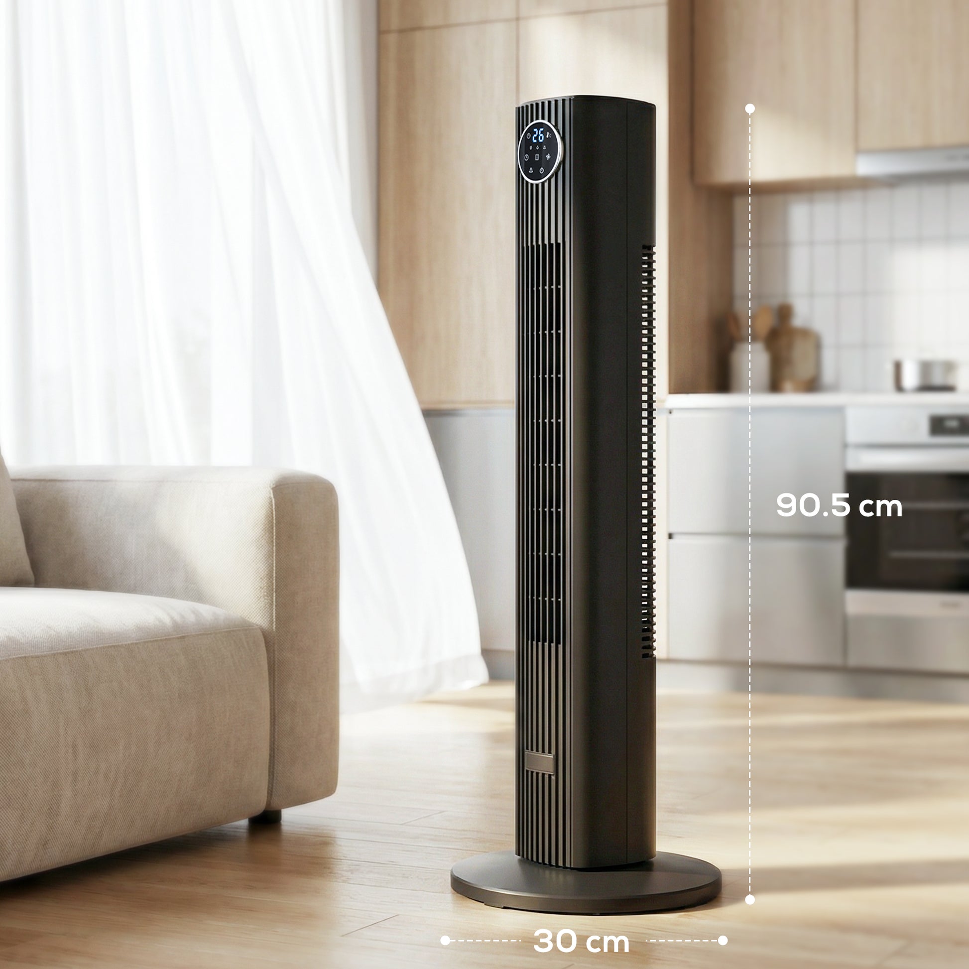 HOMCOM 28dB Tower Fan for Bedroom, 36 inch, 8 m/s Velocity Standing Cooling Fan with 80° Oscillating, BLDC Motor, 12 Speeds, LED Display, 4 Modes, 12H Timer, Remote Control, Black