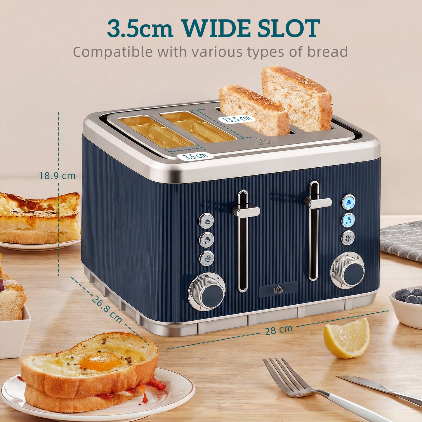 HOMCOM Electric Stainless Steel Kettle and Toaster Set, 3000W 1.7L UK Strix Thermostat Dark Blue