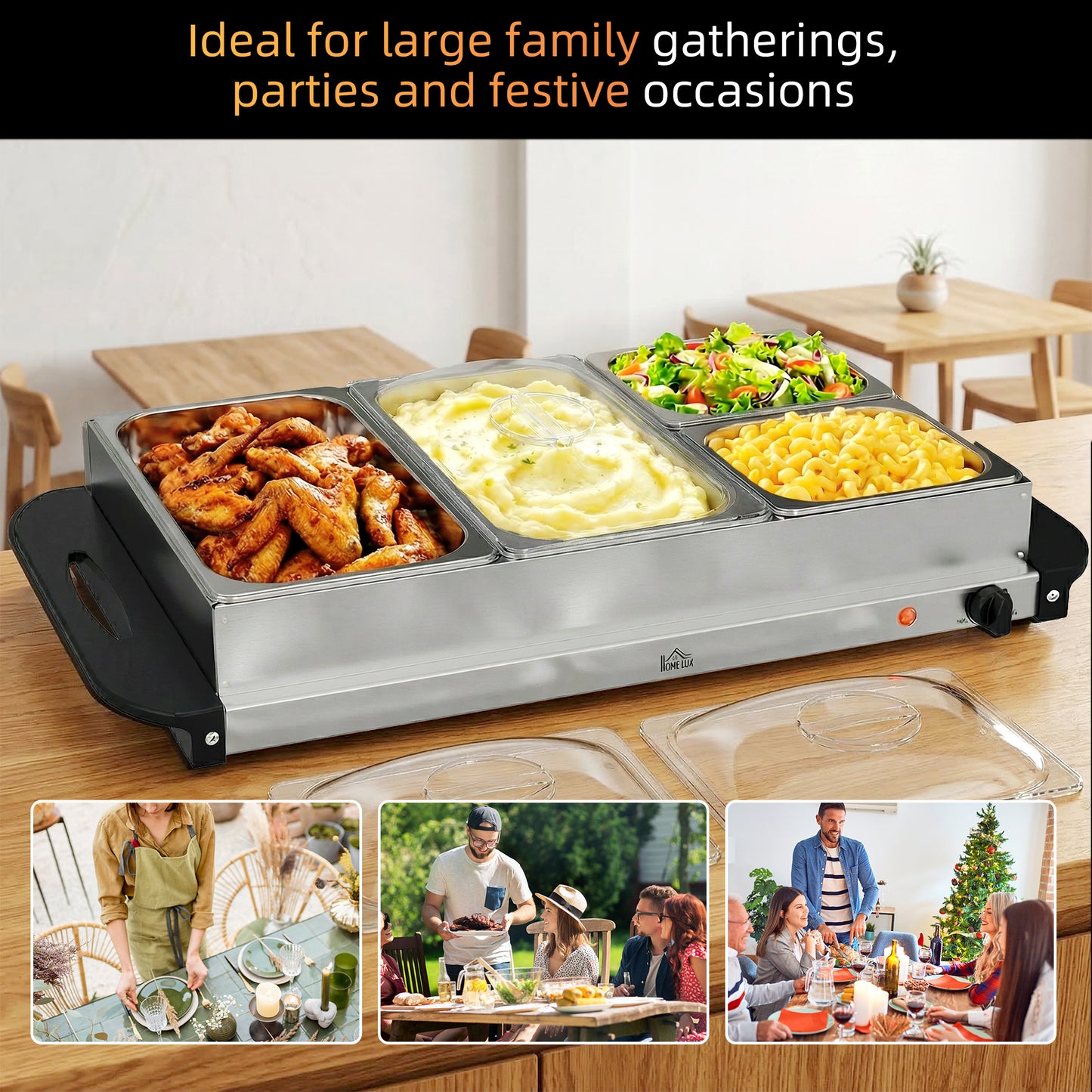 HOMCOM 4 Tray Electric Food Warmer Buffet Server with Warming Plate, Cool Touch Handles, Adjustable Temperature, 300W, 2 x 2.4L and 2 x 1L Pans