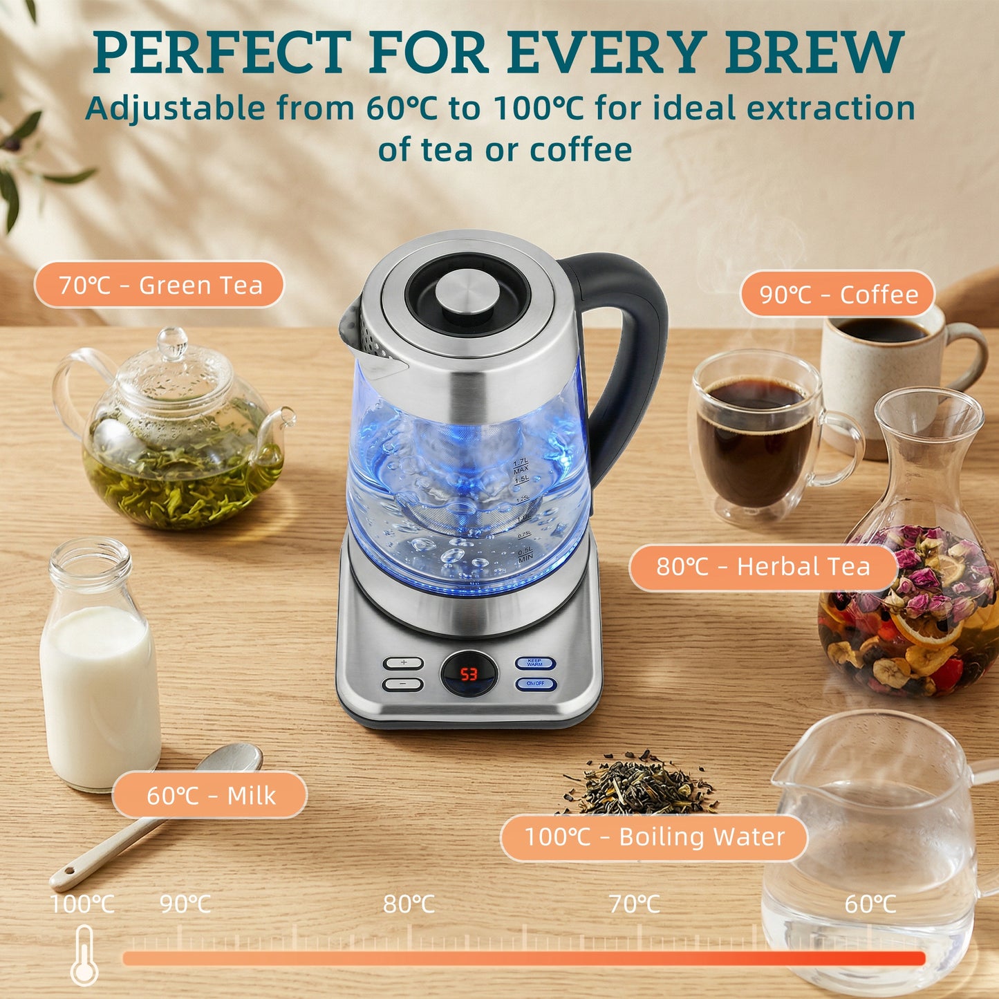HOMCOM Electric Kettle, 1.7L Fast Boil 3KW Water Kettle with UK Strix Thermostat, Tea Infuser, Keep Warm Function