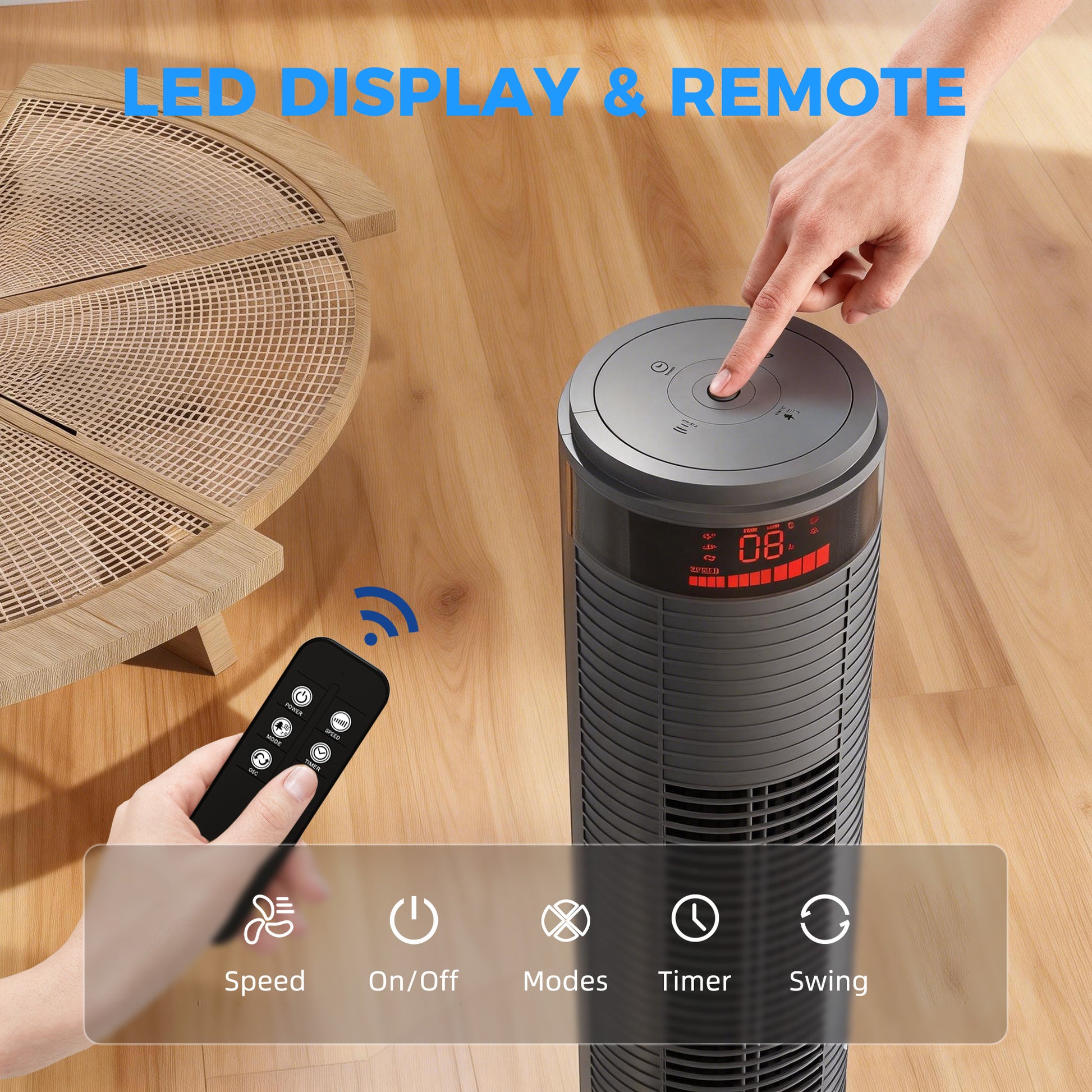 HOMCOM Oscillating Tower Fan Remote Control 3 Speed Modes Cooling Machine, Grey