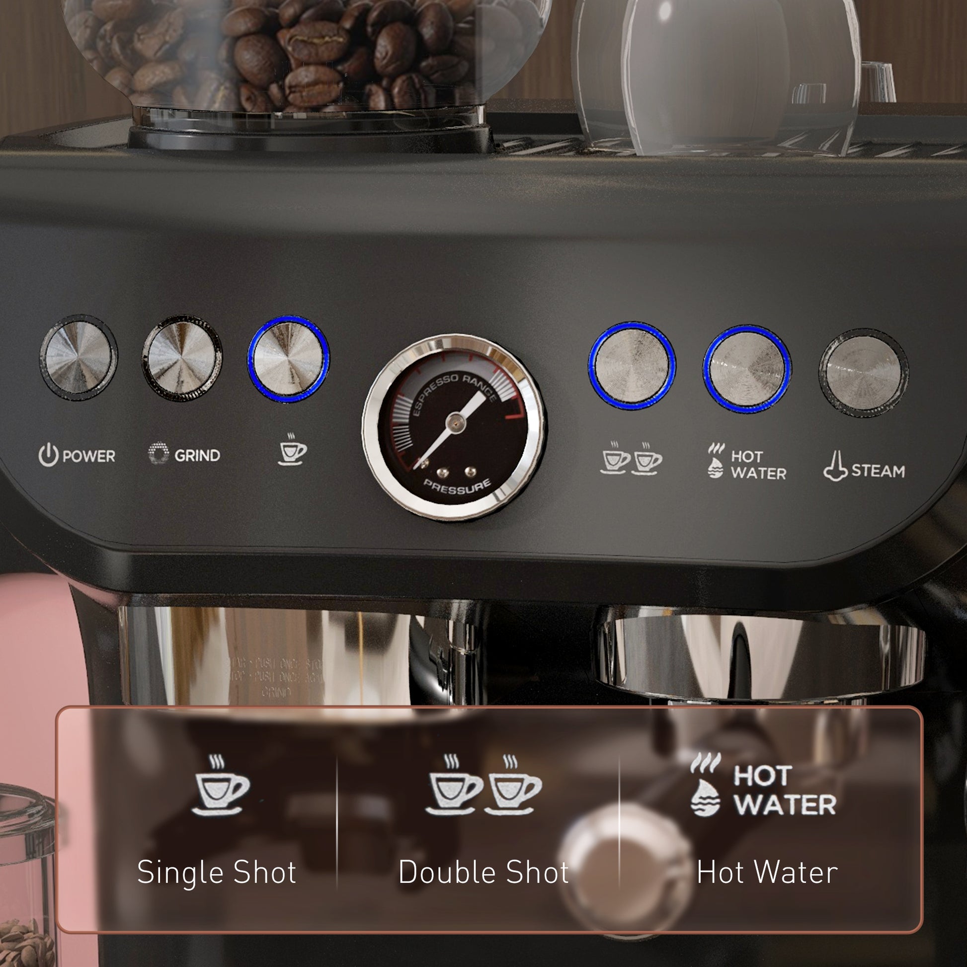 HOMCOM 15 Bar Coffee Machine with Adjustable Grind, Steamer and Accessories, Good Housekeeping Institute Approved, Black