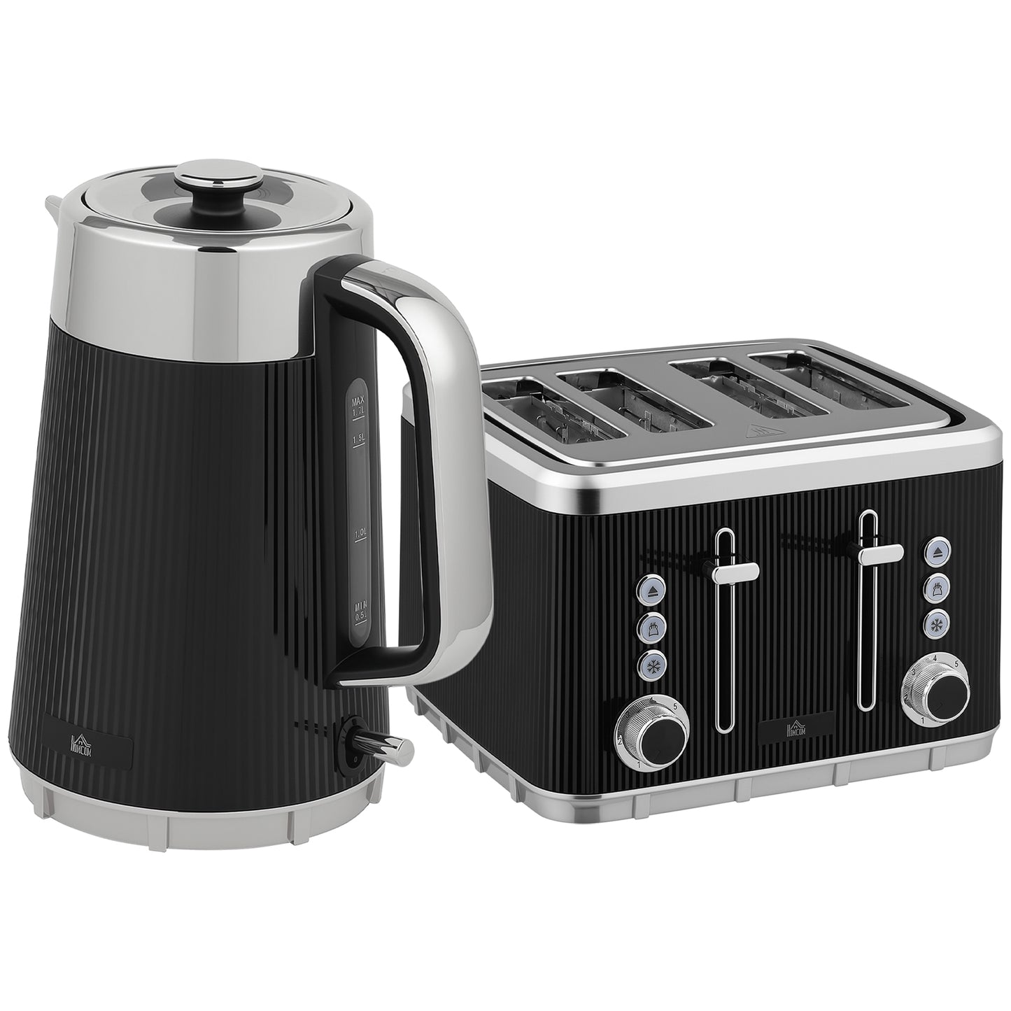 HOMCOM Electric Stainless Steel Kettle and Toaster Set, 3000W 1.7L UK Strix Thermostat Fast Boil Kettle w/ Limescale Filter, Cool Touch Body, 4 Slice Toaster with 7 Browning Levels, Black