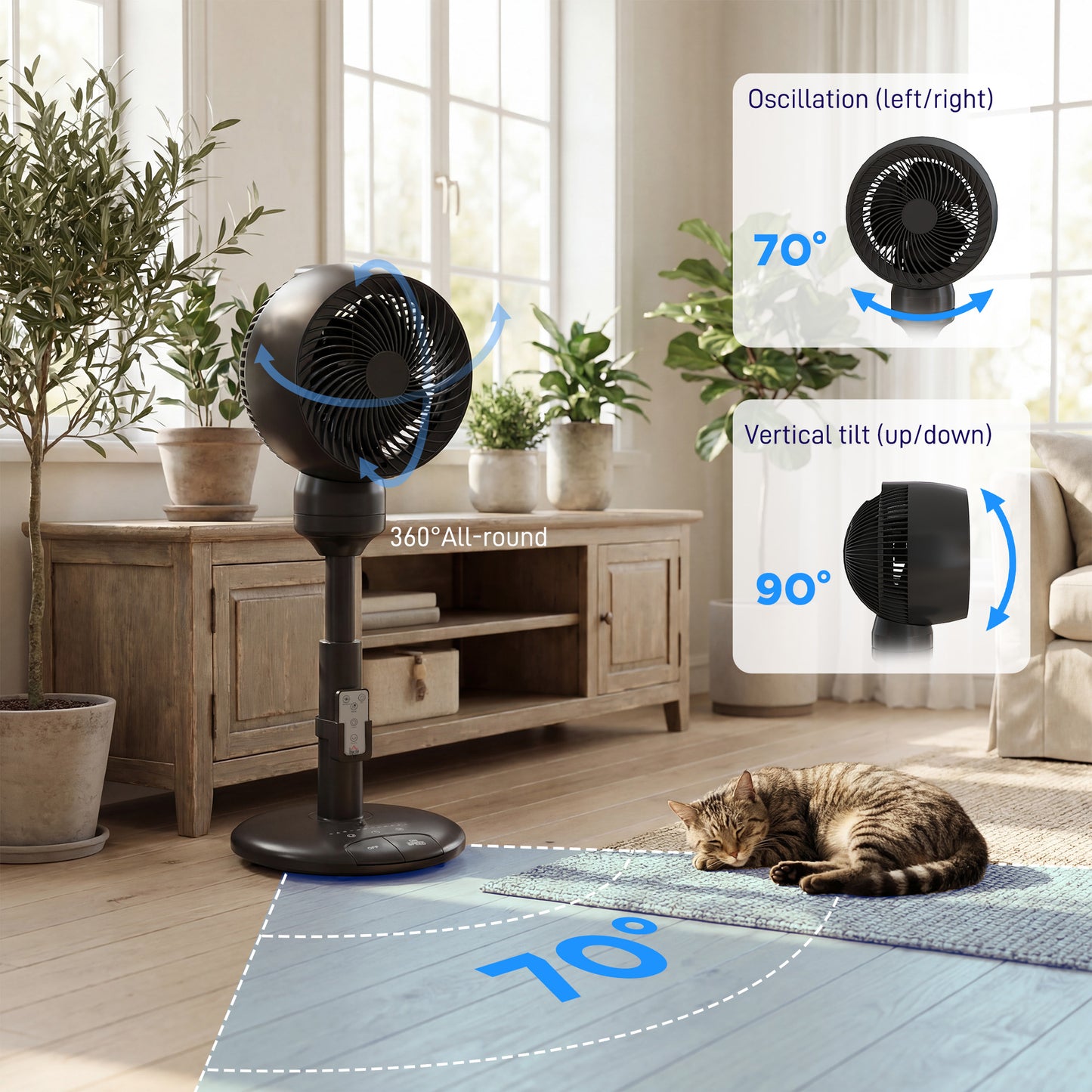 HOMCOM Air Circulator Fan Pedestal Cooling Fan with 3 Speed 3 Mode and Remote Control, 9 Inch, Black
