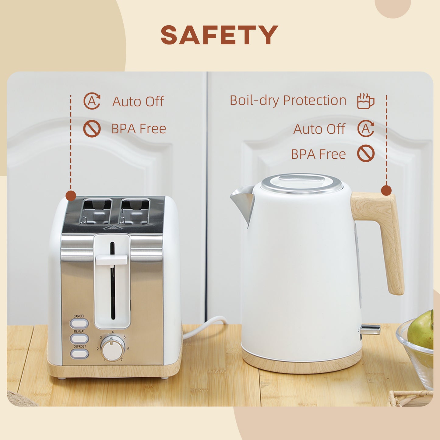 HOMCOM Stainless Steel Kettle and Toaster Set, 1.7L 3000W Fast Boil Kettle & 2 Slice Toaster Kitchen Set with 7 Level Browning Controls, Defrost, Reheat, Auto Off, Boil-dry Protection, White