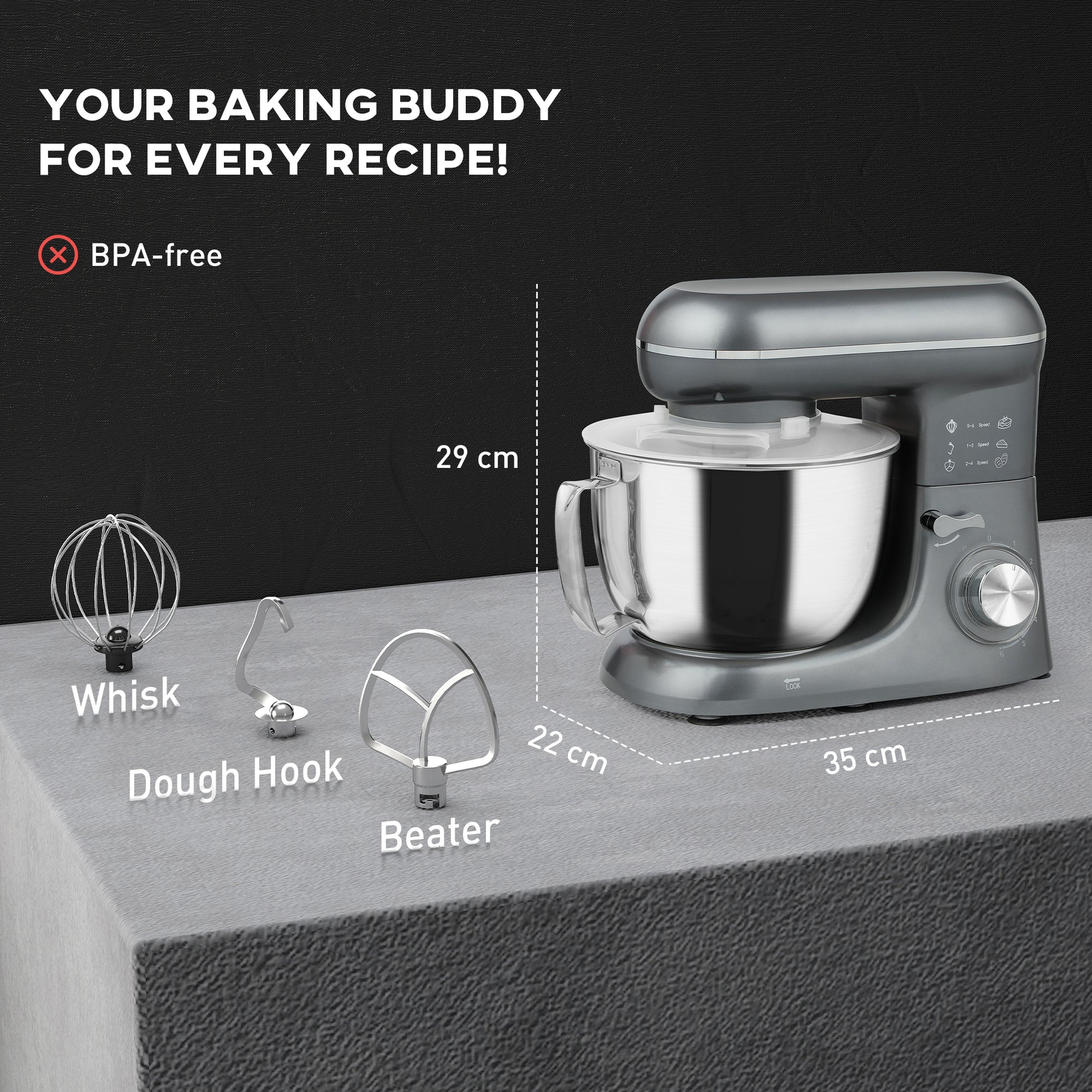 HOMCOM 1300W Kitchen Stand Mixer, with Accessories - Silver