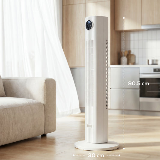 HOMCOM 28dB Tower Fan for Bedroom, 36 inch, 8 m/s Velocity Standing Cooling Fan with 80° Oscillating, BLDC Motor, 12 Speeds, LED Display, 4 Modes, 12H Timer, Remote Control, White