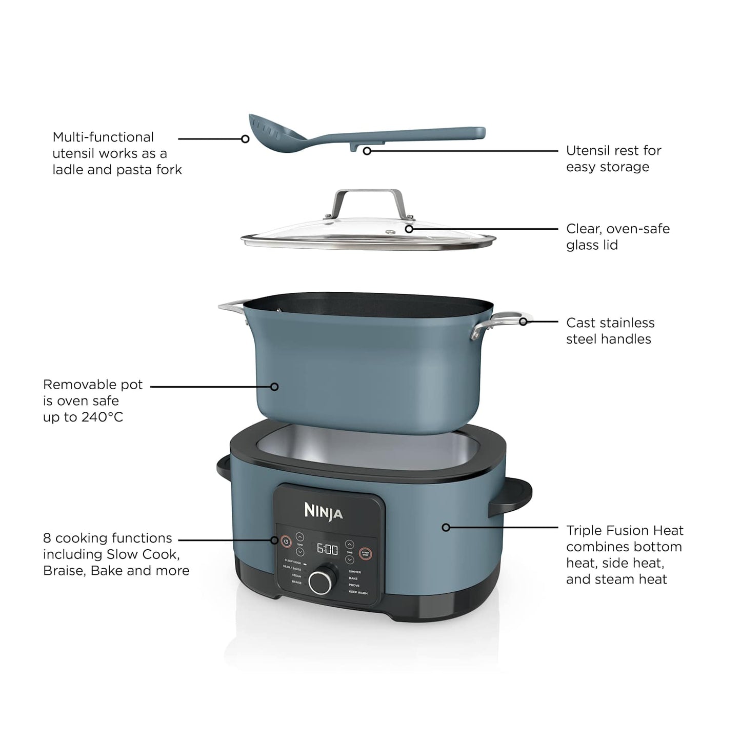 Ninja Foodi PossibleCooker MC1001UK - accessories: glass lid, steaming rack and integrated spoon